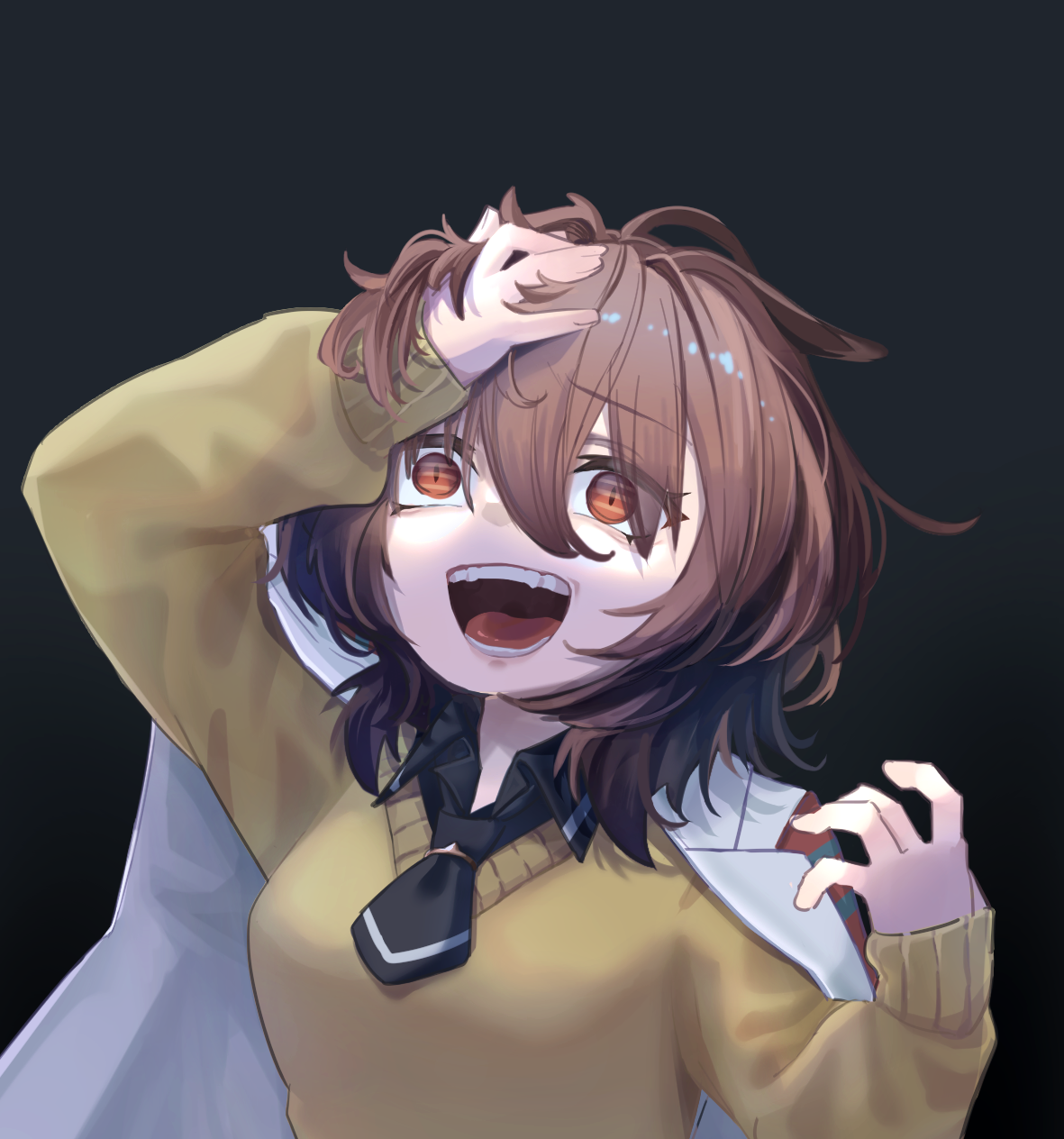 tenagaebi, agnes tachyon (tach-nology) (umamusume), agnes tachyon (umamusume), umamusume, commentary request, highres, 1girl, animal ears, black background, black necktie, brown hair, coat, coat on shoulders, collared shirt, crazy eyes, ears down, eyes visible through hair, grabbing own hair, gradient background, hair between eyes, hair over eyes, hand on own head, holding, holding own hair, horse ears, horse girl, lab coat, long sleeves, looking up, medium hair, necktie, open mouth, raised inner eyebrows, red eyes, shirt, short necktie, simple background, solo, sweater, teeth, upper body, yellow sweater