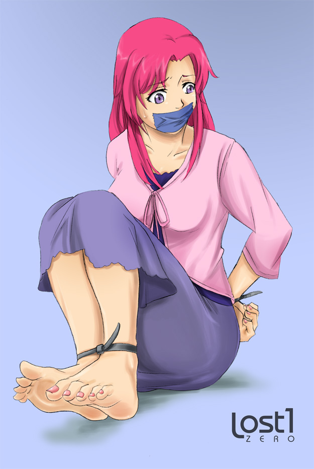 lost one zero, 1girl, barefoot, bdsm, bondage, bound, cable tie, feet, female focus, full body, gag, gagged, gradient background, improvised gag, nail polish, pink hair, purple eyes, restrained, solo, tape, tape gag