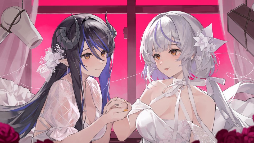 cine (wazd0183), hebiyoi tier, kohaku yuri, nanashi inc., commentary request, official art, 2girls, black hair, blue hair, blush, breasts, brown eyes, cleavage, closed mouth, curled horns, demon girl, demon horns, flower, grey hair, grey horns, hair dryer, hair flower, hair intakes, hair ornament, holding hands, horns, indoors, large breasts, long hair, looking at another, multicolored hair, multiple girls, open mouth, pointy ears, purple flower, purple rose, rose, sidelocks, smile, two-tone hair, upper body, virtual youtuber, white hair, window