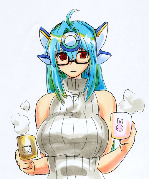 kikuta, kos-mos, kos-mos ver. 4, xenosaga, xenosaga episode i, xenosaga episode iii, 00s, 1girl, bear, blue hair, breasts, cup, female focus, glasses, mug, rabbit, red eyes, shirt, sleeveless, sleeveless turtleneck, solo, sweater, taut clothes, taut shirt, turtleneck