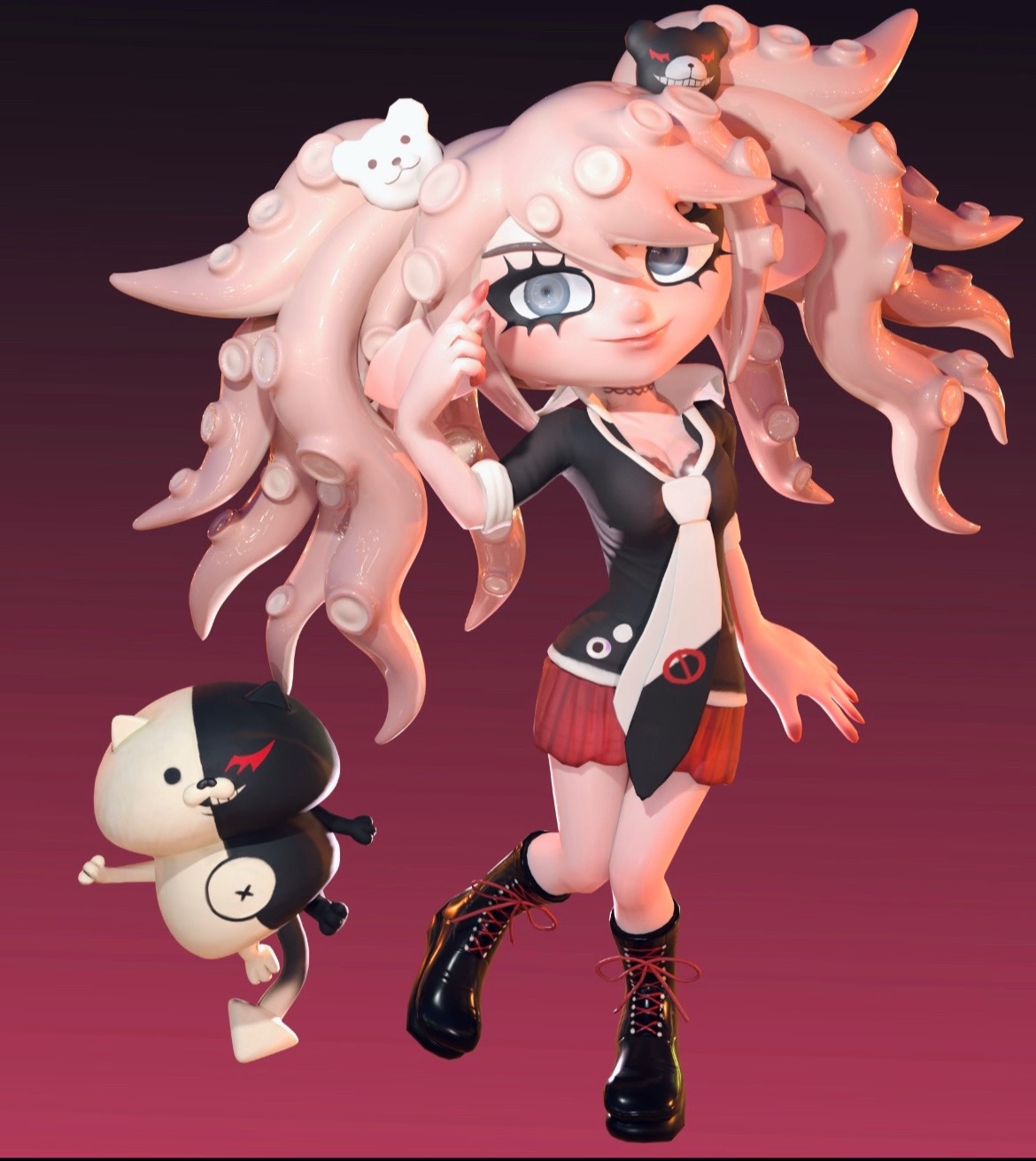 enoshima junko, li'l judd (splatoon), monokuma, octoling girl, octoling player character, danganronpa: trigger happy havoc, danganronpa (series), nintendo, splatoon (series), highres, 1girl, 3d, bear, bear hair ornament, black boots, black shirt, blonde hair, blue eyes, boots, cat, hair ornament, necktie, no symbol, parody, shirt, style parody, tentacle hair, toxicaliie