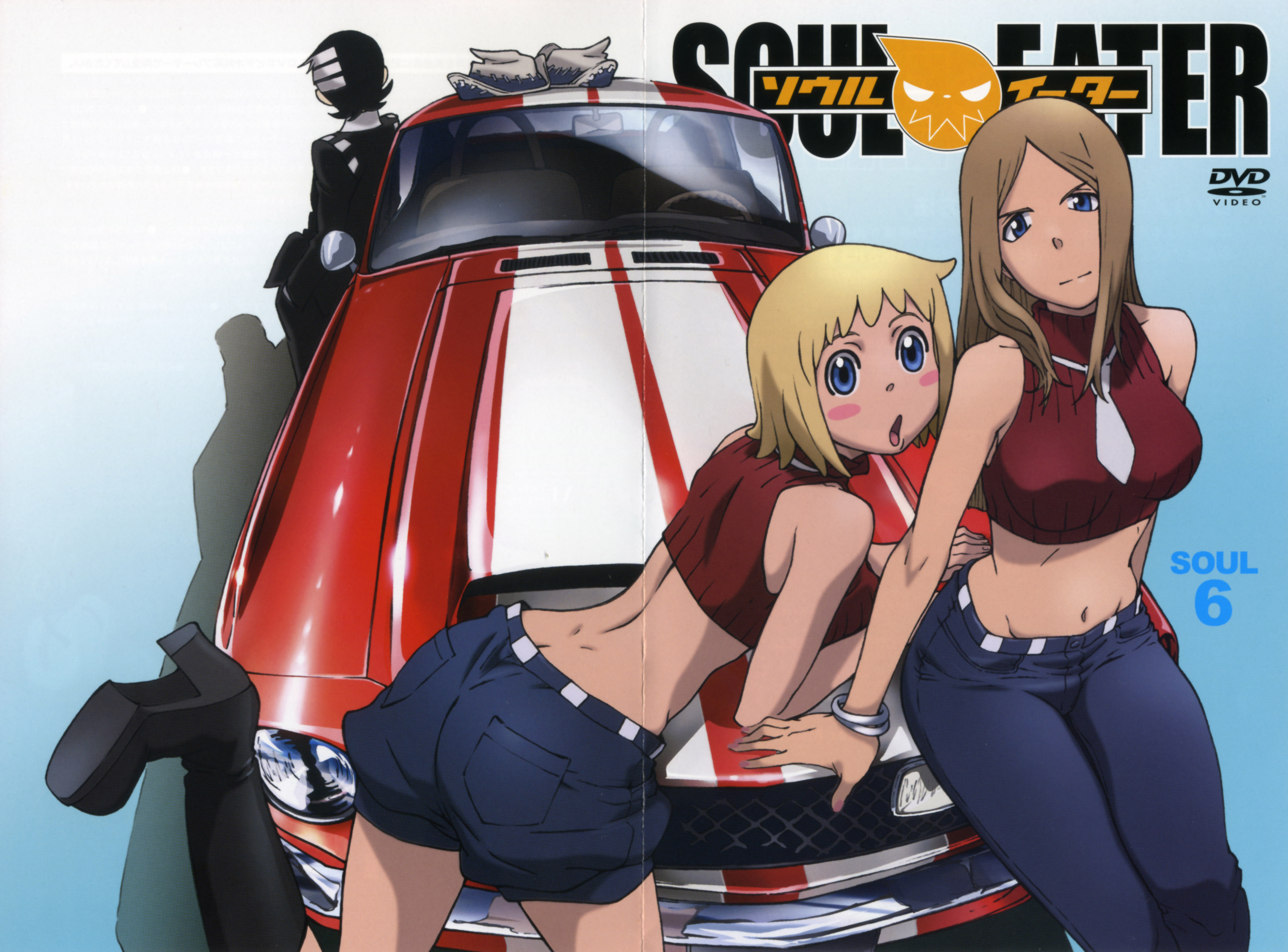 death the kid, elizabeth thompson, patricia thompson, ford, ford mustang, soul eater, absurdres, highres, official art, scan, 00s, 1boy, 2girls, ass, bare shoulders, black hair, blonde hair, blue eyes, boots, brown hair, butt crack, car, crease, dimples of venus, ford mustang (1st generation), groin, gt 350, hat, high heel boots, high heels, hip focus, left-hand drive, long hair, midriff, motor vehicle, multiple girls, necktie, shelby, short hair, siblings, sisters, sleeveless, sleeveless turtleneck, turtleneck, wide hips