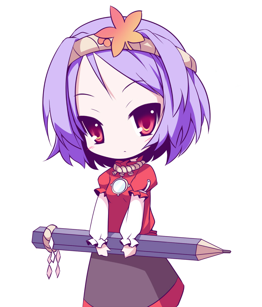 miko machi, yasaka kanako, touhou, 1girl, alternate hairstyle, chibi, female focus, forehead, hair ornament, headband, leaf hair ornament, onbashira, parody, pen, pencil, purple hair, red eyes, rope, shimenawa, short hair, solo, tsurime, wooden pencil