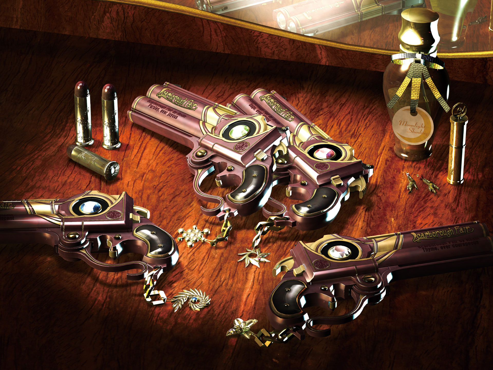 bayonetta (series), bayonetta 1, highres, ammunition, break-action pistol, bullet, derringer, double-barreled pistol, gun, handgun, mirror, multiple-barrel gun, no humans, over-and-under-barreled pistol, pistol, weapon