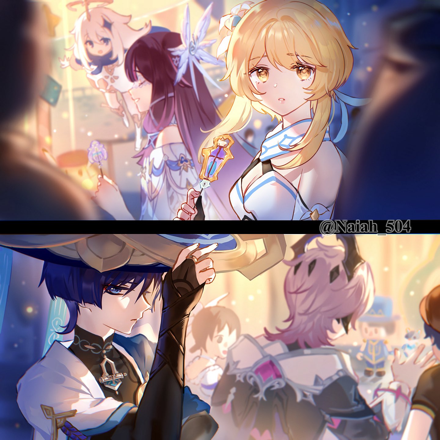 naiah 504, columbina (genshin impact), durin (genshin impact), lumine (genshin impact), paimon (genshin impact), scaramouche (genshin impact), wanderer (genshin impact), genshin impact, commentary, english commentary, highres, 2boys, 3girls, blonde hair, blue eyes, detached sleeves, dress, eyeliner, flower, hair flower, hair ornament, hand on own hat, makeup, mandarin collar, multiple boys, multiple girls, red eyeliner, short hair, watermark, white dress