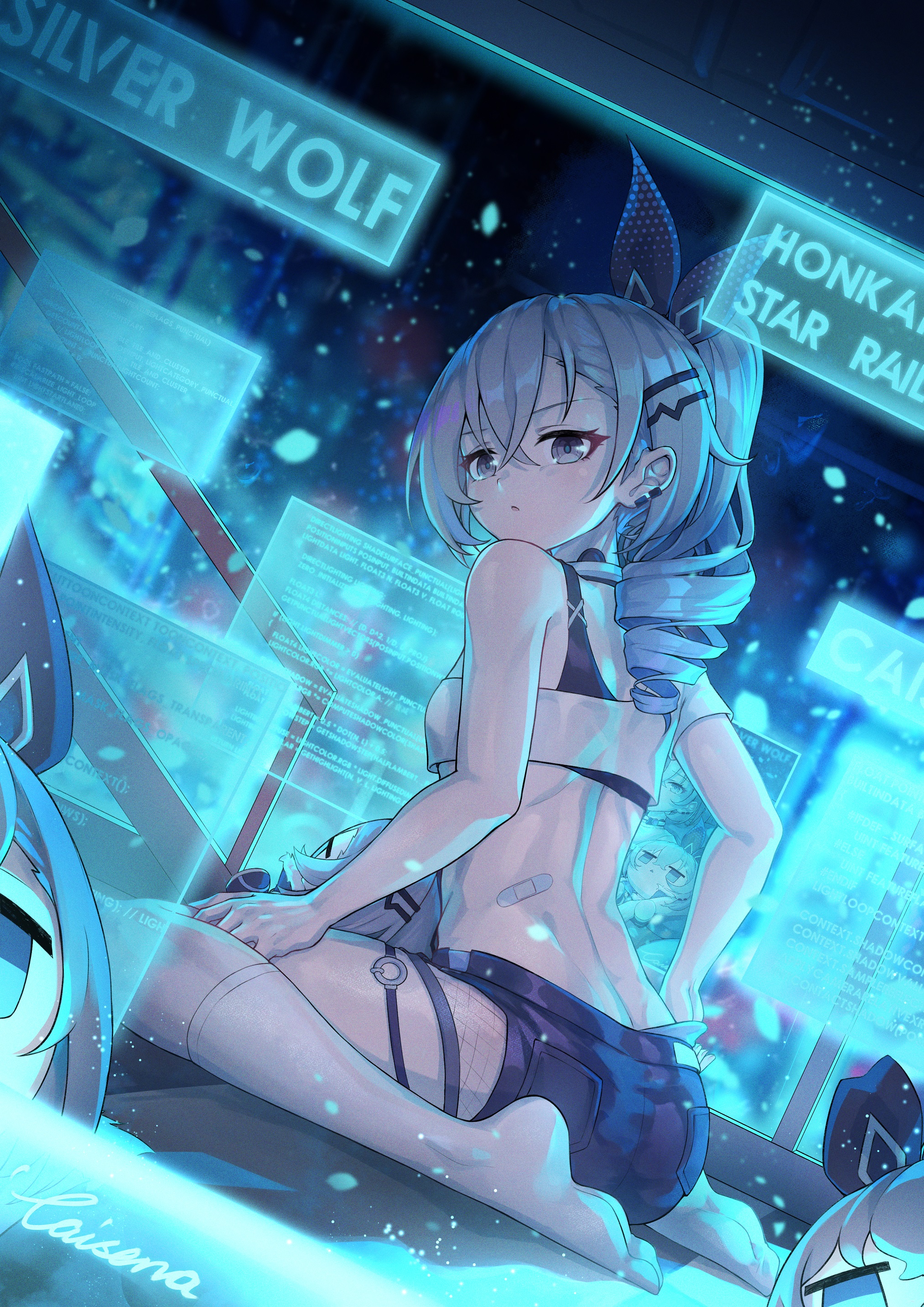 caisena, silver wolf (honkai: star rail), honkai: star rail, honkai (series), absurdres, highres, 1girl, artist name, bandaid, bare shoulders, black shorts, bow, breasts, character doll, character name, copyright name, doll, drill hair, drill ponytail, from behind, grey eyes, grey hair, hair bow, holographic monitor, looking at viewer, ponytail, shirt, shorts, single-shoulder shirt, single drill, small breasts, socks, solo, white shirt, white socks