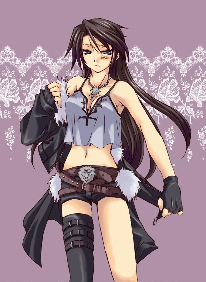 itsuki (platinum1228), squall leonhart, dissidia final fantasy, final fantasy, final fantasy viii, cropped, 1990s (style), 1girl, belt, blue eyes, blush, breasts, brown hair, cleavage, female focus, genderswap, genderswap (mtf), gloves, jacket, jewelry, long hair, medium breasts, midriff, navel, necklace, retro artstyle, scar, shorts, single thighhigh, solo, thighhighs