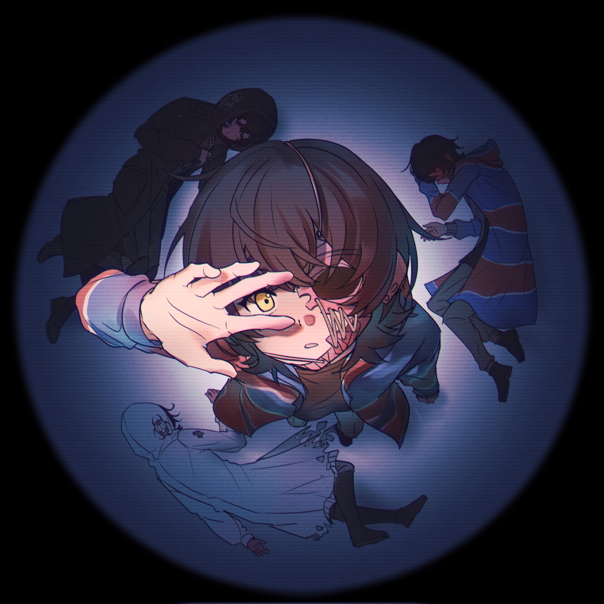 rei shimobe, shuten order, commentary, english commentary, highres, variant set, 4girls, arm up, biohazard symbol, black boots, black coat, black hair, black shirt, black shoes, boots, coat, from above, grey pants, half mask, karlajacob52121, long sleeves, looking at viewer, lying, mask, multiple girls, multiple persona, multiple reverse traps, on ground, on side, open clothes, open coat, pants, reverse trap, scanlines, shirt, shoes, short hair, white coat, yellow eyes