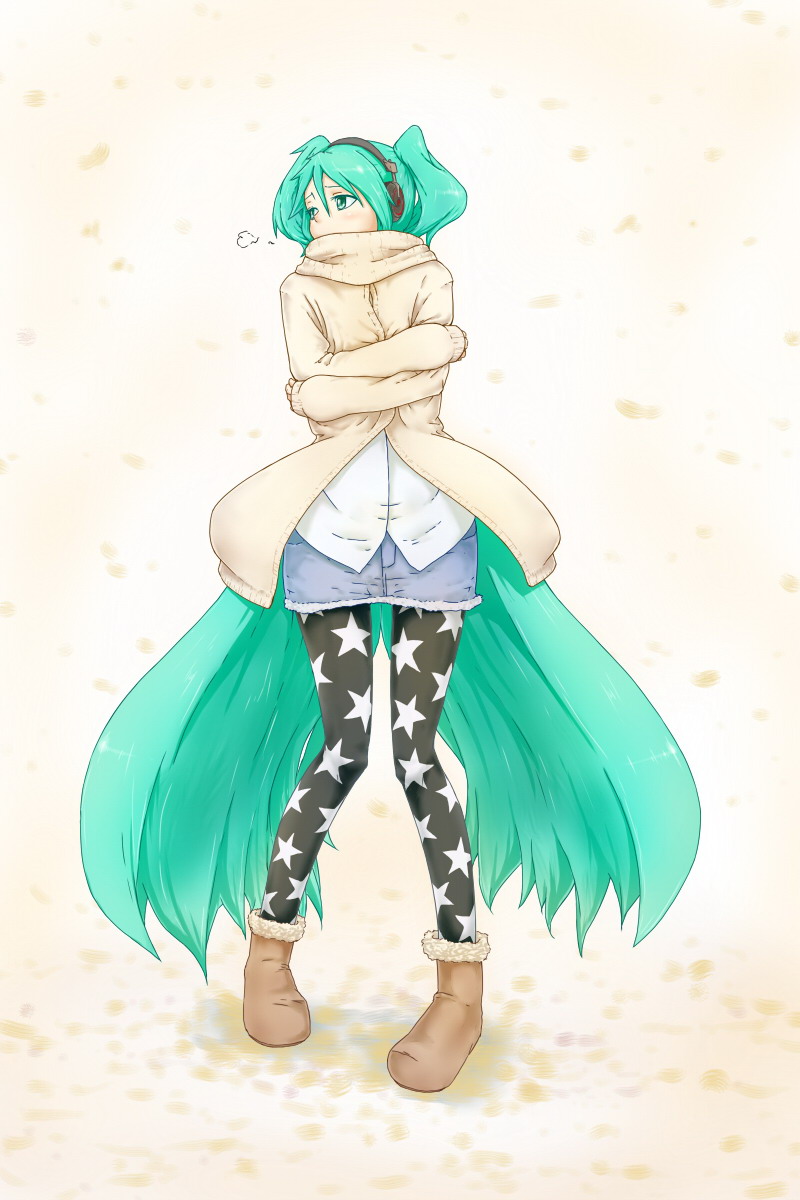 hatsune miku, vocaloid, highres, aqua eyes, aqua hair, boots, cold, headphones, jacket, long hair, scarf, twintails, very long hair, winter
