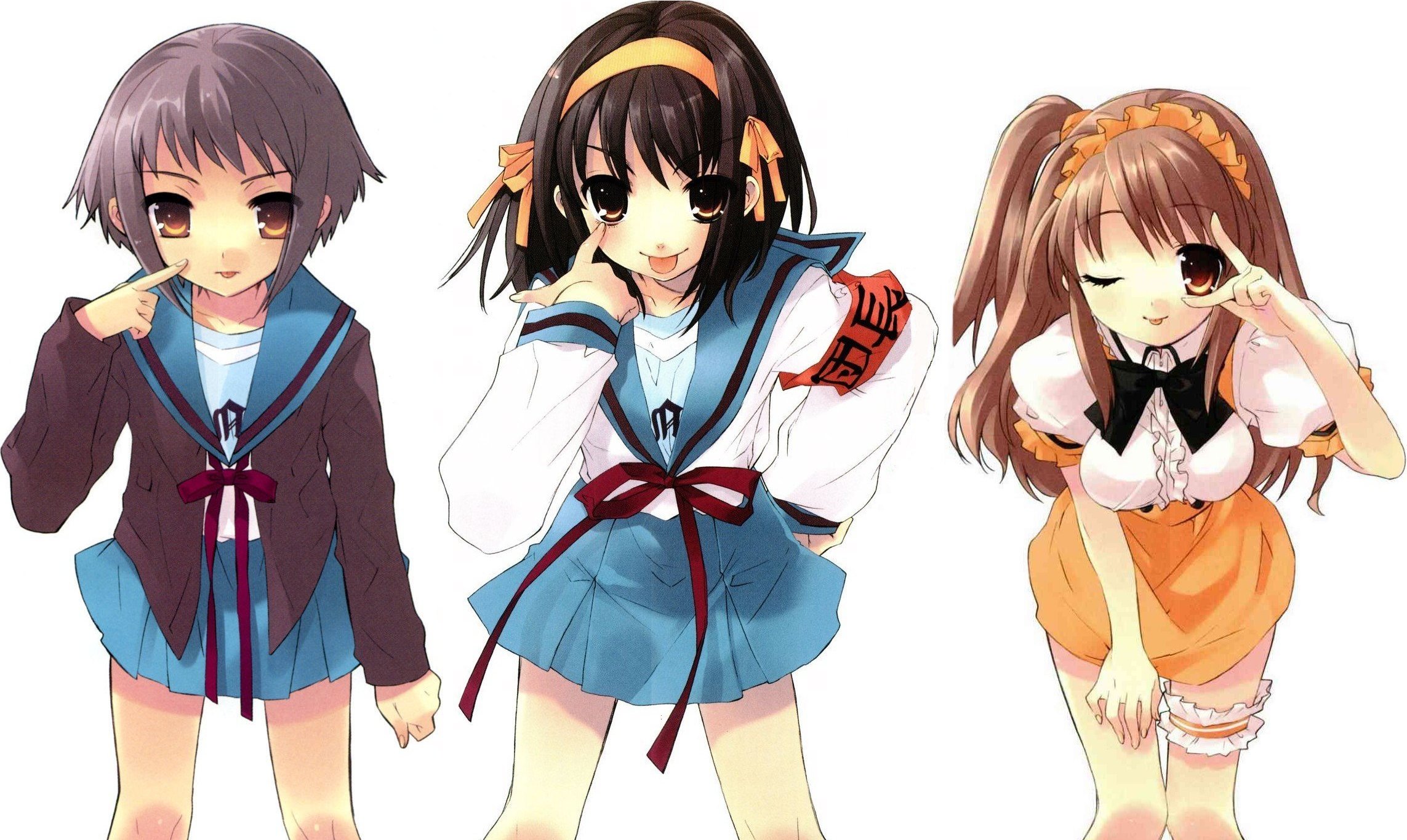 ito noizi, asahina mikuru, nagato yuki, suzumiya haruhi, suzumiya haruhi no yuuutsu, highres, 00s, 3girls, :p, ;p, akanbe, armband, cardigan, eyelid pull, frilled thigh strap, hair ribbon, hairband, headdress, mikuru beam, multiple girls, one eye closed, ribbon, side ponytail, skirt, thigh strap, tongue, tongue out, v, v over eye, waitress