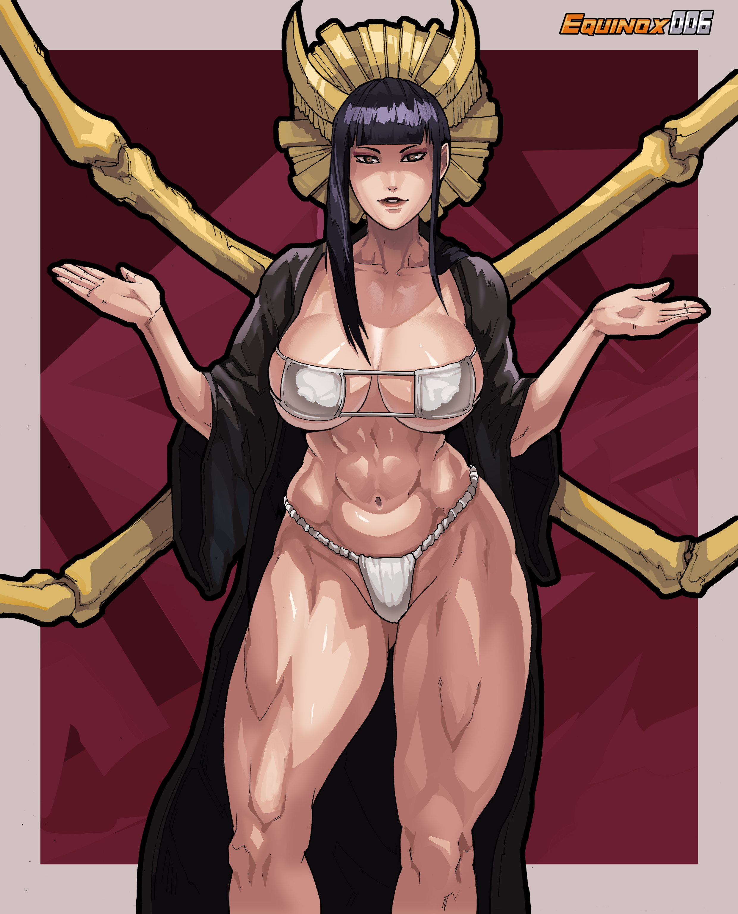 equinox, shutara senjumaru, bleach, bleach: sennen kessen-hen, absurdres, commission, highres, 1girl, 2024, artist name, black hair, blunt bangs, bra, collarbone, extra arms, female focus, fundoshi, hair ornament, japanese clothes, navel, open clothes, open robe, robe, simple background, stomach, thighs, toned, toned female, underwear