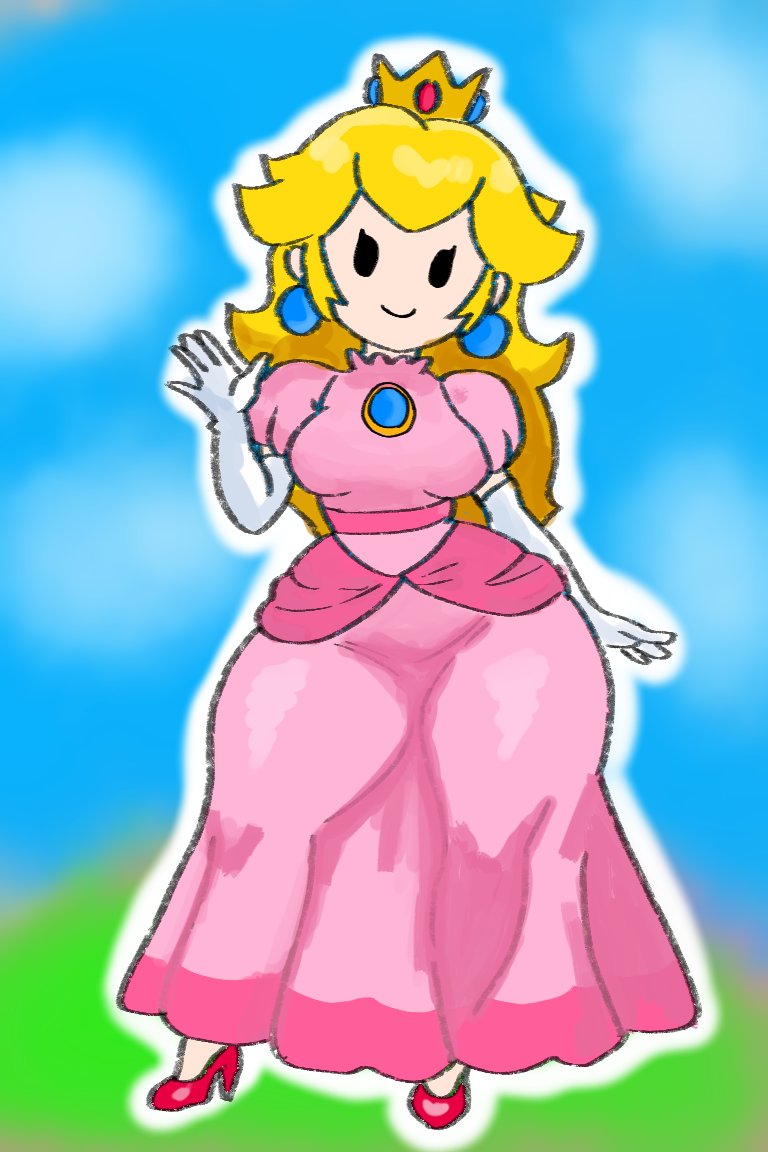 dumbwitchyy, paper peach, princess peach, intelligent systems, mario (series), nintendo, paper mario, commentary, english commentary, 1girl, 2025, arm at side, black eyes, blonde hair, blue gemstone, breasts, brooch, collarbone, contrapposto, curly hair, curvy, day, dress, earrings, elbow gloves, female focus, gem, gloves, groin tendon, high heels, jewelry, juliet sleeves, long sleeves, outdoors, outline, pink dress, pink trim, puffy sleeves, pumps, red shoes, shoes, small breasts, solo, standing, straight-on, thick thighs, thighs, waving, white gloves, wide hips
