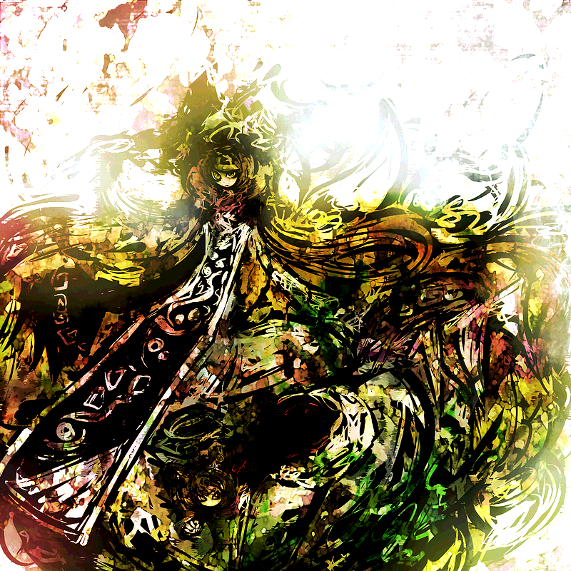 f7(eiki), chen, yakumo ran, touhou, bad id, bad pixiv id, 1girl, abstract, blonde hair, female focus, fox tail, multiple tails, short hair, solo, speed painting, tail, yellow eyes