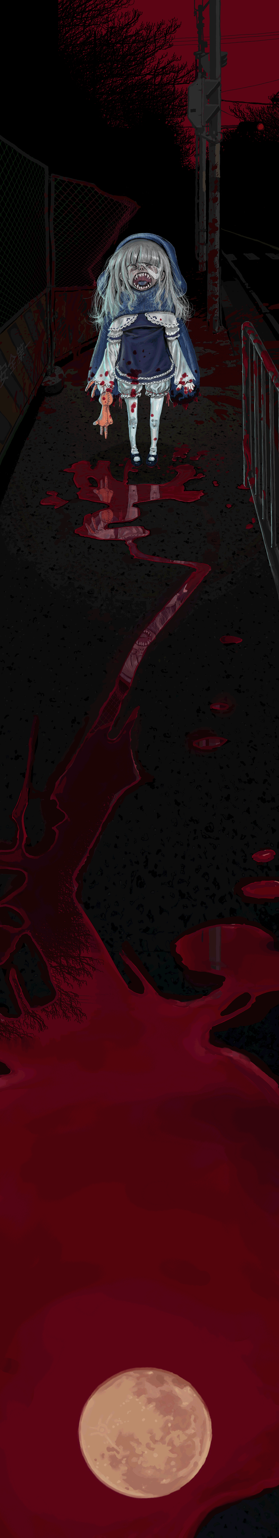absurdres, highres, long image, tall image, blood, creepy, doll, fangs, goth fashion, guro, moon, red sky, sky