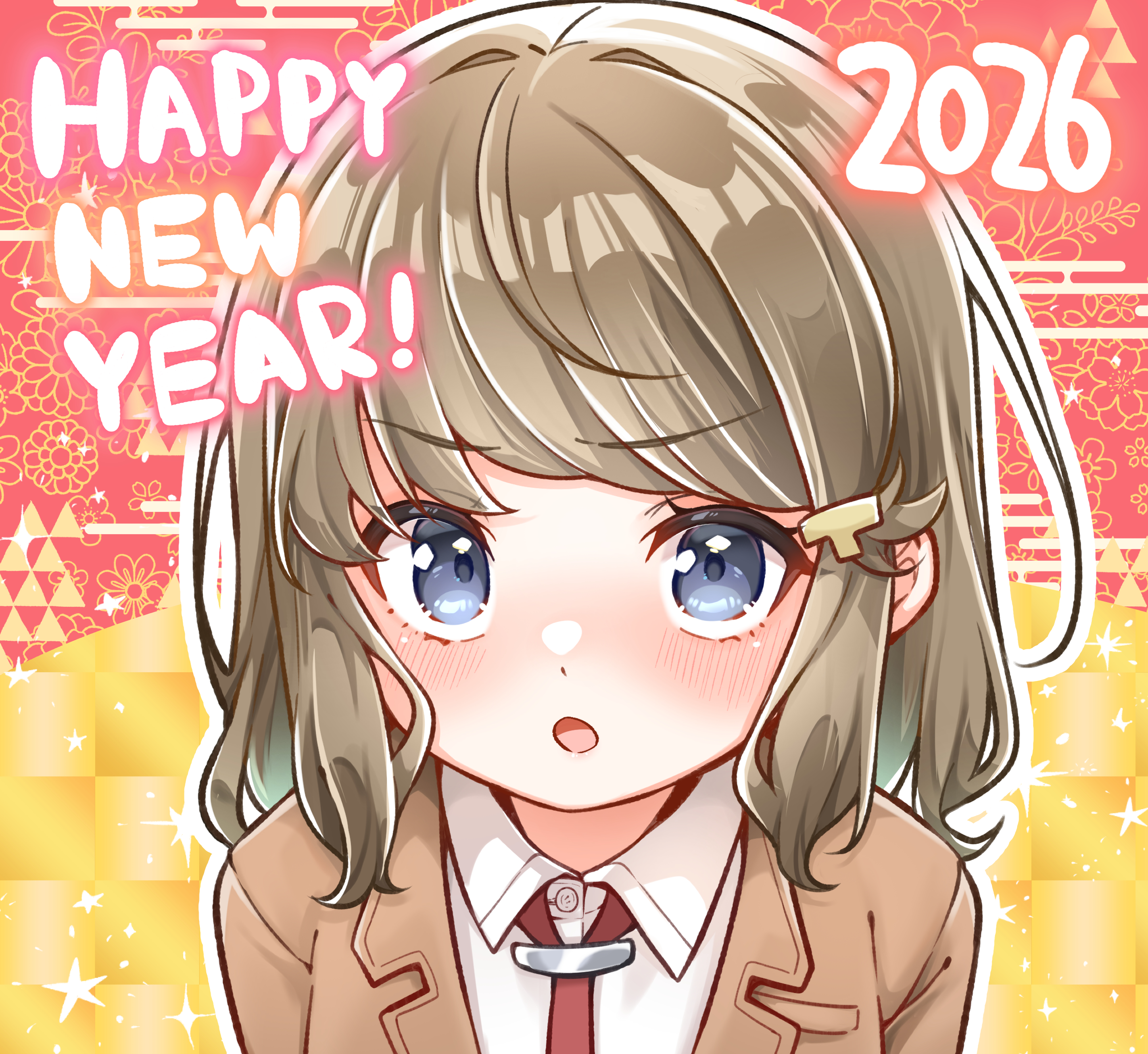 jako (jakoo21), koga tomoe, seishun buta yarou, absurdres, commentary request, highres, 1girl, 2026, blazer, blue eyes, blush, brown hair, brown jacket, checkered background, collared shirt, dress shirt, egasumi, floral background, hair ornament, happy new year, jacket, looking at viewer, new year, outline, parted lips, red background, school uniform, shirt, solo, two-tone background, upper body, v-shaped eyebrows, white outline, white shirt, yellow background