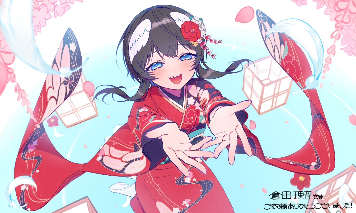 kurata rine, kurata rine (vtuber), indie virtual youtuber, commentary request, translation request, 1girl, :d, black hair, blue eyes, blue hair, feathered wings, feathers, flower, hair flower, hair ornament, half-closed eyes, head wings, japanese clothes, kimono, long hair, long sleeves, looking at viewer, no shoes, obi, open mouth, petals, pink flower, red flower, red kimono, sash, seiza, sitting, smile, socks, solo, tabi, virtual youtuber, white feathers, white flower, white socks, white wings, wide sleeves, wings