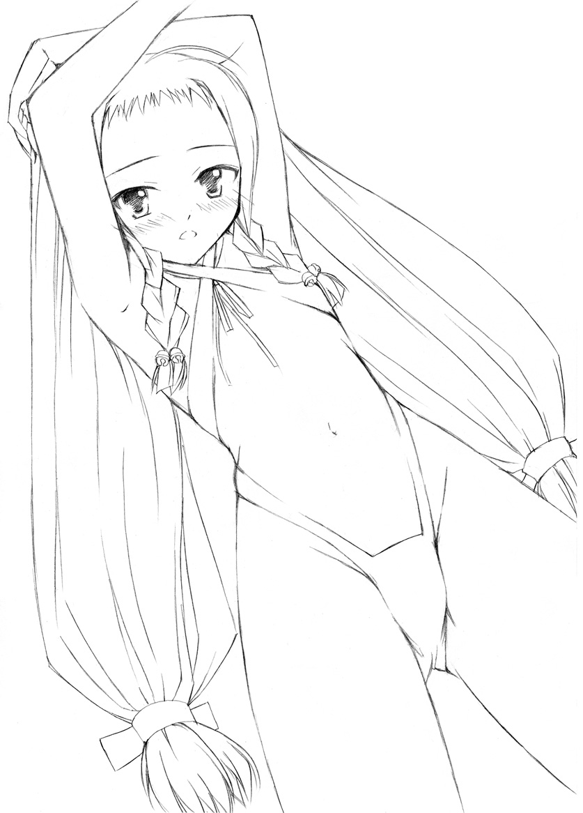 kaigara boushi, ayase yue, mahou sensei negima!, bad id, bad pixiv id, graphite (medium), traditional media, 00s, 1girl, armpits, arms up, braid, criss-cross halter, female focus, flat chest, greyscale, halterneck, long hair, monochrome, navel, pretzel bikini, slingshot swimsuit, solo, swimsuit, twin braids