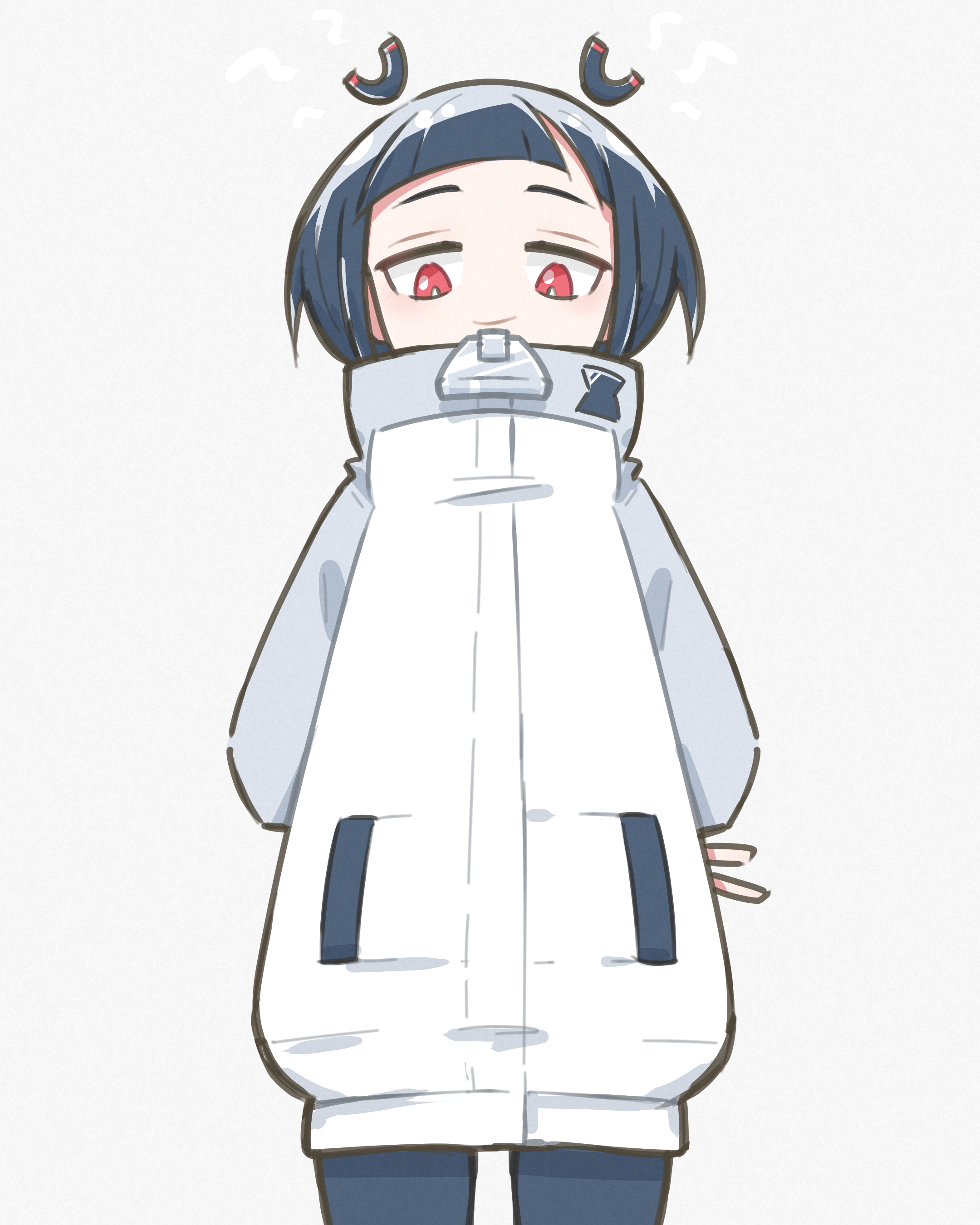 jitomi monoe, voms, absurdres, commentary request, highres, 1girl, arms behind back, black hair, black hairband, black pantyhose, blunt bangs, bright pupils, grey sweater, hairband, long sleeves, magnet, pantyhose, red eyes, sasso64, short hair, simple background, smile, solo, sweater, two-tone sweater, virtual youtuber, white background, white pupils, white sweater, zipper pull tab