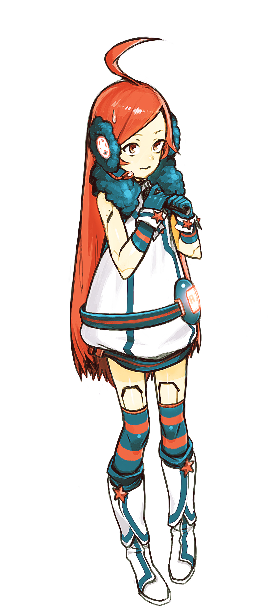 asgr, sf-a2 miki, vocaloid, multicolored legwear, absurdres, bad id, bad pixiv id, highres, 1girl, ahoge, android, belt, boots, dress, female focus, full body, gloves, headphones, headset, joints, kneehighs, long hair, microphone, red eyes, red hair, robot joints, simple background, socks, solo, standing, star (symbol), striped clothes, striped gloves, striped socks, striped thighhighs, sweat, thighhighs, white background, wrist cuffs, zettai ryouiki