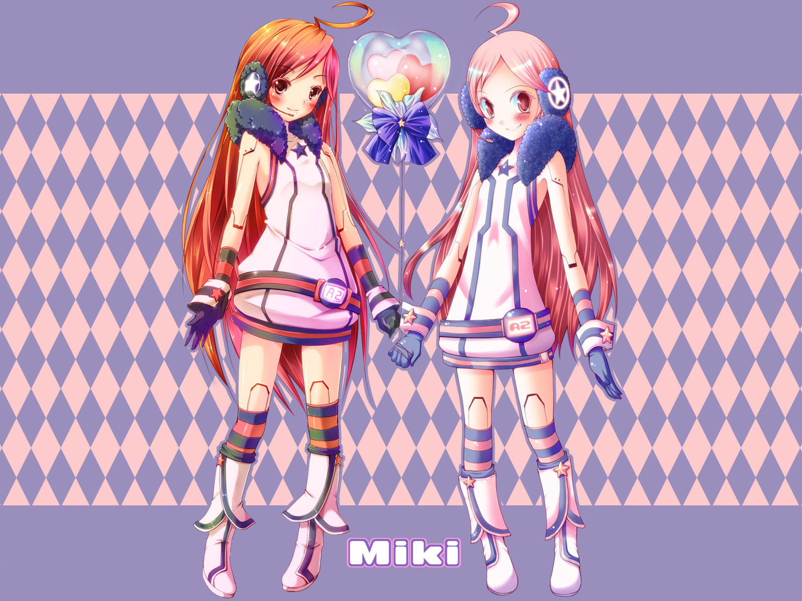 nironiro, sf-a2 miki, vocaloid, multicolored legwear, bad id, bad piapro id, highres, 1girl, ahoge, android, balloon, belt, blush, boots, dress, dual persona, female focus, gloves, headphones, headset, joints, kneehighs, long hair, pink eyes, pink hair, red eyes, red hair, robot joints, smile, socks, solo, star (symbol), striped clothes, striped gloves, striped socks, striped thighhighs, thighhighs, very long hair, wrist cuffs