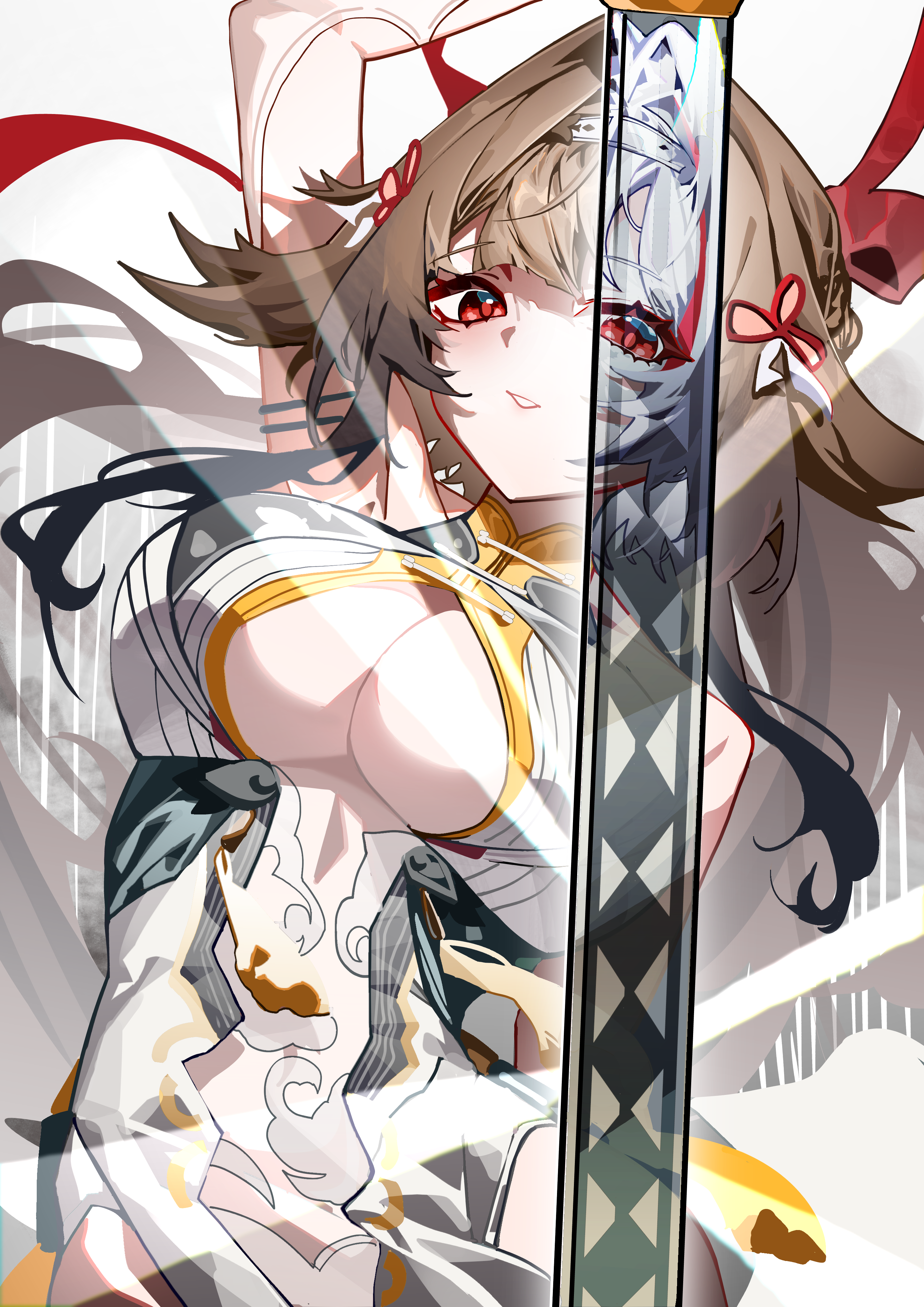 its2h35, ye shunguang, zenless zone zero, absurdres, commentary, highres, 1girl, animal ear fluff, animal ears, arm up, armlet, bare shoulders, black hair, breasts, brown hair, china dress, chinese clothes, clover, clover hair ornament, dress, droopy ears, gradient hair, hair ornament, hairband, holding, holding sword, holding weapon, jewelry, large breasts, long hair, looking at viewer, multicolored hair, parted lips, red eyes, red hair, see-through clothes, see-through horns, silver armlet, solo, split theme, sword, upper body, very long hair, weapon, white background, white dress, white hair, white hairband
