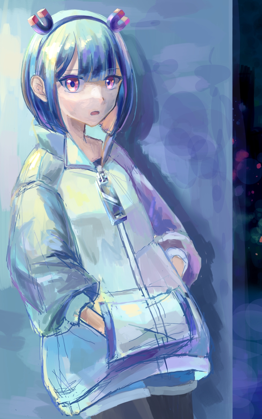 jitomi monoe, voms, commentary request, highres, 1girl, black hair, black hairband, black pantyhose, blue shorts, blunt bangs, boots, garetory, grey sweater, hairband, hands in pockets, long sleeves, looking at viewer, outdoors, pantyhose, parted lips, red eyes, shorts, sketch, solo, standing, sweater, two-tone sweater, virtual youtuber, white boots, white sweater, zipper pull tab