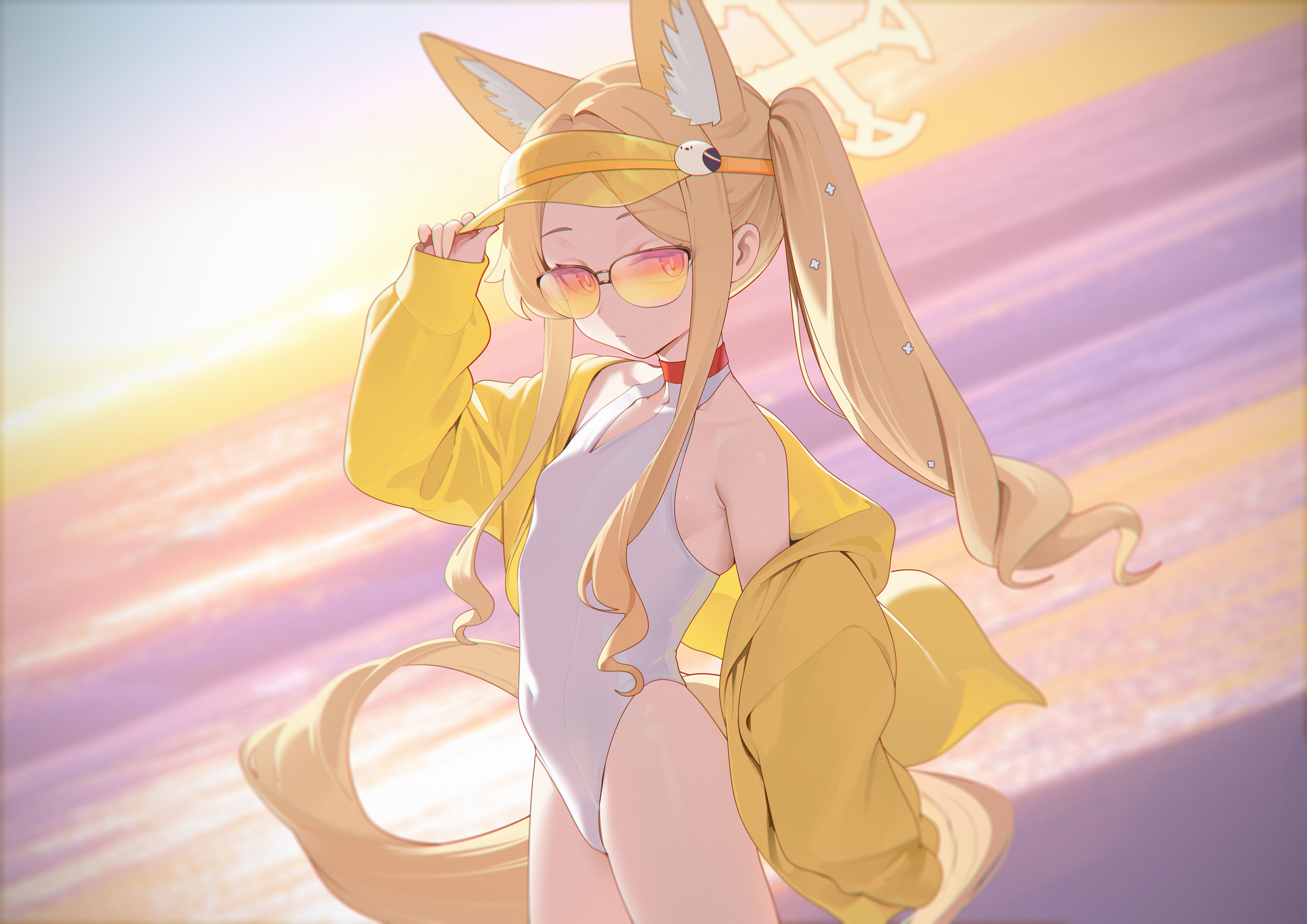 dun ji, seia (blue archive), seia (swimsuit) (blue archive), blue archive, absurdres, chinese commentary, commentary request, highres, 1girl, animal ear fluff, animal ears, bare shoulders, beach, blonde hair, blue sky, breasts, choker, cowboy shot, extra ears, fox ears, fox tail, from side, gradient-tinted eyewear, gradient sky, groin, halo, hat, highleg, highleg one-piece swimsuit, jacket, looking at viewer, looking to the side, ocean, official alternate costume, one-piece swimsuit, open clothes, open jacket, orange sky, outdoors, parted bangs, purple water, side ponytail, sidelocks, sky, small breasts, solo, sunglasses, sunset, swimsuit, tail, thighs, tinted eyewear, visor cap, white one-piece swimsuit, yellow halo, yellow hat, yellow jacket
