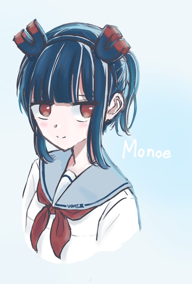 jitomi monoe, voms, commentary request, 1girl, alternate costume, alternate hairstyle, black hair, black hairband, blunt bangs, character name, cropped torso, garetory, grey sailor collar, hairband, long sleeves, looking at viewer, magnet, necktie, red eyes, red necktie, sailor collar, school uniform, shirt, sidelocks, simple background, smile, solo, virtual youtuber, white shirt
