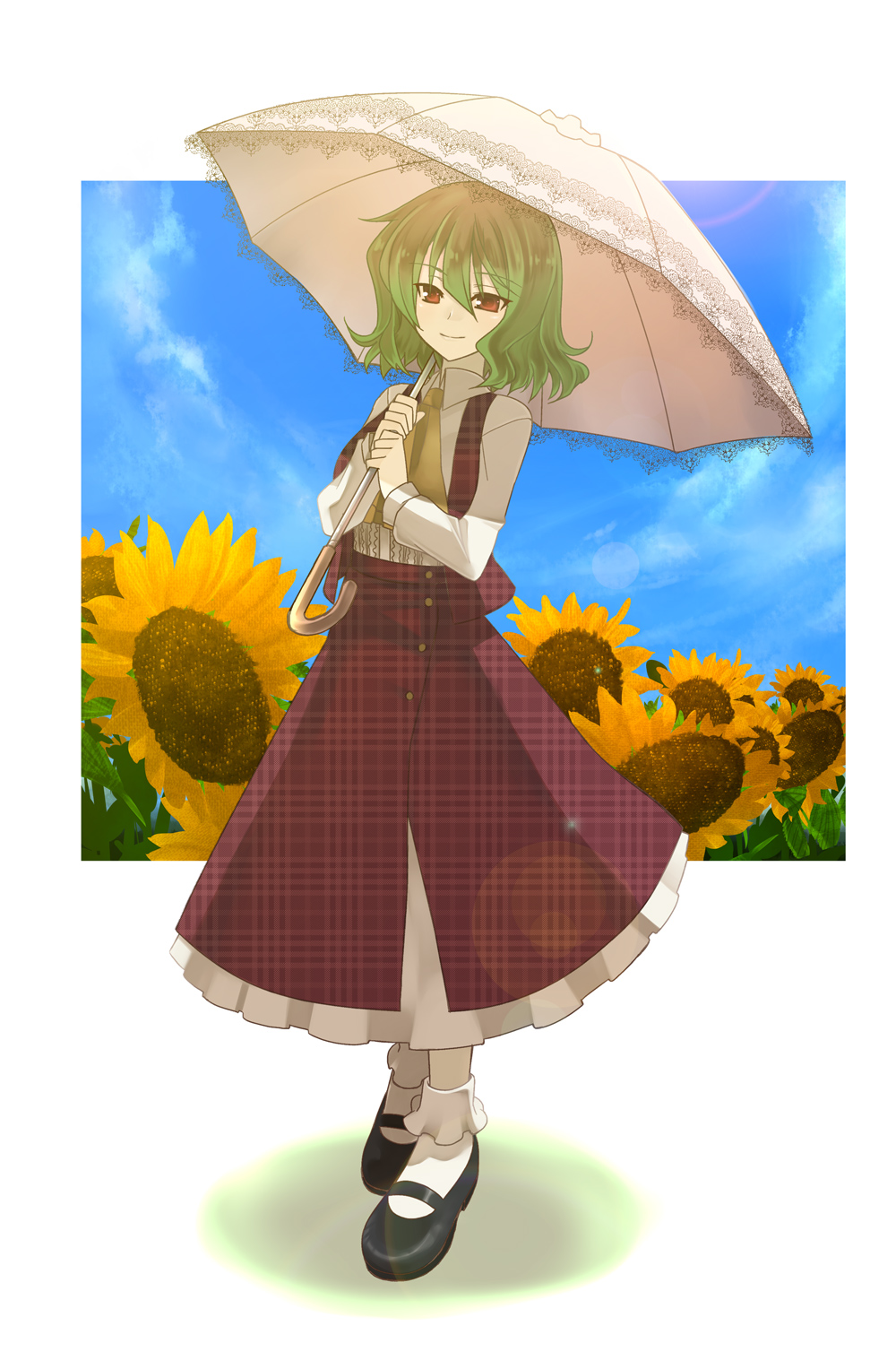 tahya, kazami yuuka, touhou, bad id, bad pixiv id, highres, 1girl, ascot, bad anatomy, bad feet, bobby socks, female focus, flower, green hair, mary janes, plaid clothes, plaid skirt, plaid vest, poorly drawn, red eyes, shoes, short hair, skirt, skirt set, socks, solo, sunflower, unmoving pattern, vest