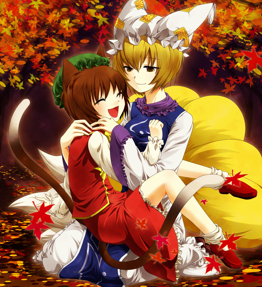 nohko, chen, yakumo ran, touhou, 2girls, :d, animal ears, autumn, blonde hair, brown hair, cat ears, cat girl, cat tail, closed eyes, female focus, fox tail, happy, hat, hug, leaf, maple leaf, multiple girls, multiple tails, open mouth, short hair, sitting, sitting on lap, sitting on person, smile, tail, yellow eyes