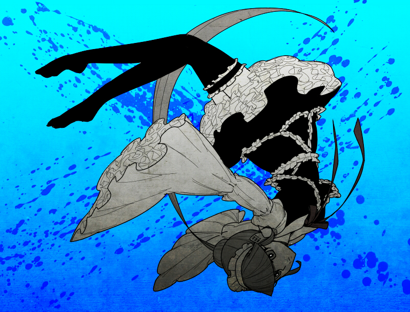 akka, acme iku, maidloid, vocaloid, bad id, bad pixiv id, 1girl, black thighhighs, blue background, blue theme, female focus, frills, legs, maid, monochrome, solo, thighhighs, underwater