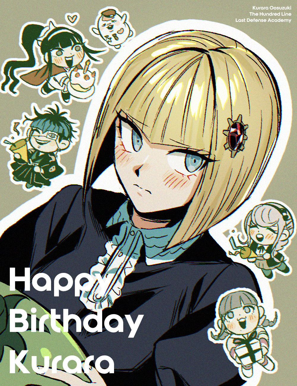 mihen, kirifuji nozomi, magadori kyoshika, mojiro moko, nigou (hundred line), omokage yugamu, oosuzuki kurara, the hundred line -last defense academy-, commentary request, highres, 1boy, 4girls, ^ ^, birthday cake, black dress, black hair, black hairband, black hakama, black haori, black jacket, blonde hair, blue eyes, blue hair, braid, cake, cape, chibi, closed eyes, copyright name, dress, eye print, eyepatch, face piercing, film grain, food, gem, gem hair ornament, gift, grey background, grey hair, grey kimono, grin, hairband, hakama, hakama pants, haori, happy birthday, hat, heart, holding, holding gift, holding party popper, jacket, japanese clothes, kimono, labret piercing, light blush, long hair, looking at another, looking at viewer, multicolored hair, multiple girls, outline, pants, party popper, piercing, ponytail, print eyepatch, red cape, red gemstone, red hat, shirt, short hair, smile, white outline, white shirt