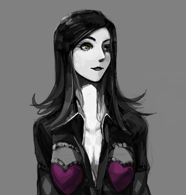amano maya, atlus, persona, persona 2, tagme, 1girl, black hair, black lips, breasts, brown eyes, cleavage, colored skin, lipstick, makeup, white skin