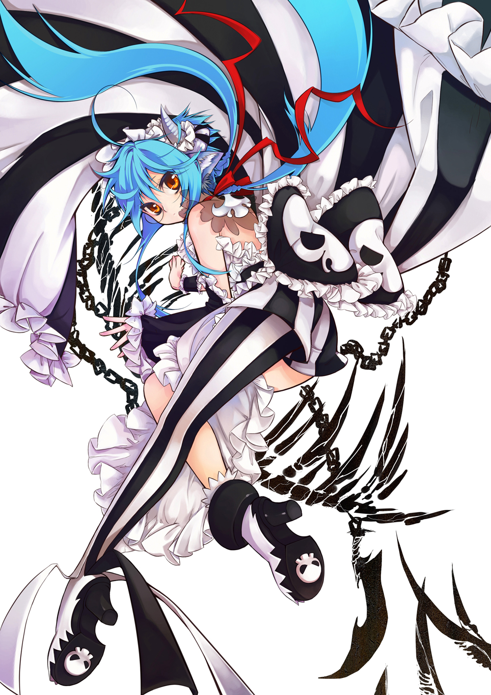 adalove, original, highres, 1girl, animal ears, bare shoulders, blue hair, chain, female focus, horns, long hair, monocle, orange eyes, single thighhigh, skull, solo, striped clothes, striped thighhighs, thighhighs, vertical-striped clothes, vertical-striped thighhighs