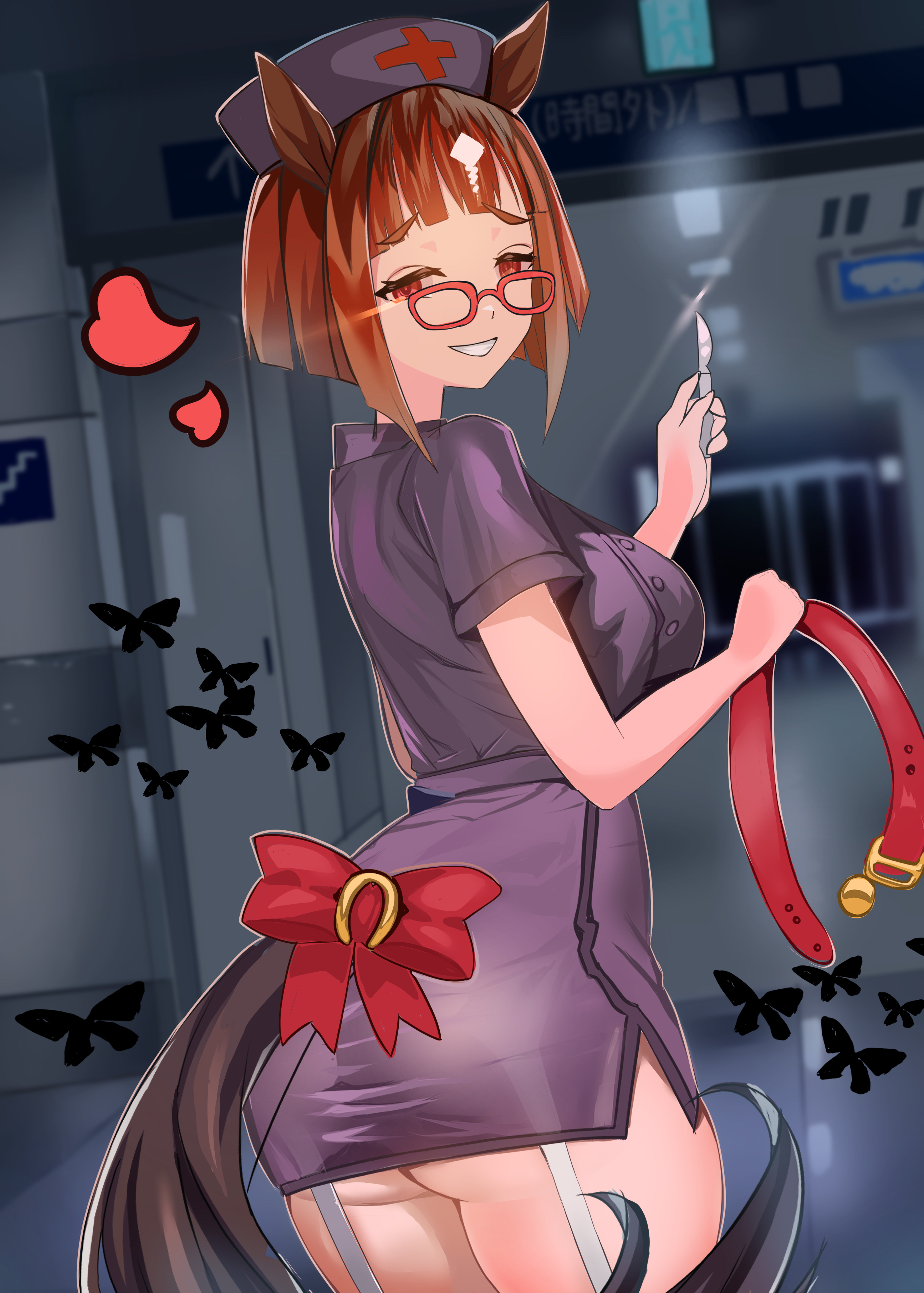 bigboss021, transcend (umamusume), umamusume, absurdres, commentary request, highres, 1girl, alternate costume, animal ears, ass, black butterfly, blunt bangs, bob cut, bow, breasts, brown hair, bug, butterfly, cowboy shot, cross, dress, from behind, garter straps, glasses, grin, half-closed eyes, hat, holding, holding leash, holding scalpel, horse ears, horse girl, horse tail, hospital, indoors, insect, large breasts, leash, looking at viewer, looking back, nurse, nurse cap, purple dress, purple hat, red-framed eyewear, red bow, red cross, red eyes, scalpel, short dress, short hair, smile, solo, tail, tail bow, tail ornament, underbutt, yandere