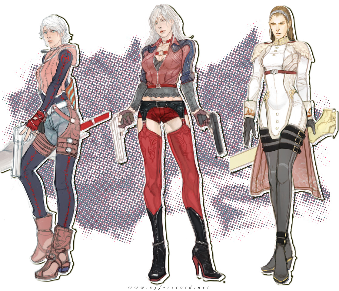 rae, credo, dante (devil may cry), nero (devil may cry), capcom, devil may cry, devil may cry (series), devil may cry 4, gender request, tagme, 00s, boots, chaps, genderswap, gun, short shorts, shorts, weapon