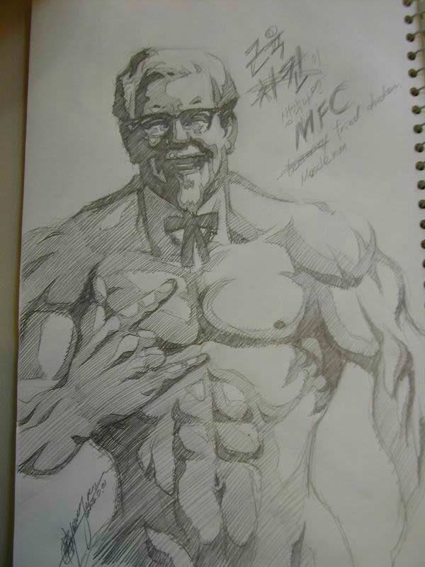 colonel sanders, kfc, translated, 1boy, m/, n/, glasses, korean text, male focus, manly, monochrome, muscular, old, old man, parody, sketch, solo, string tie