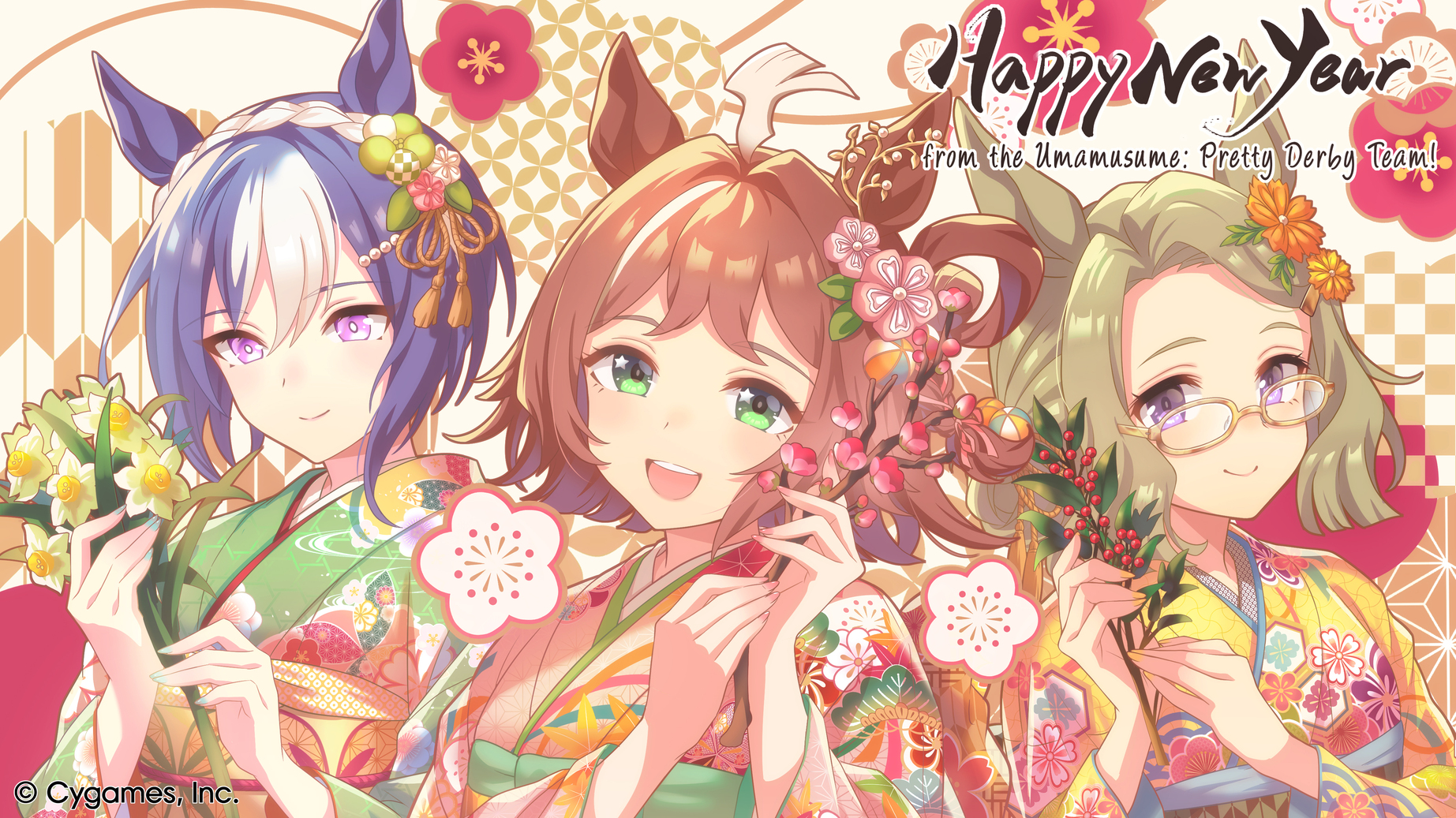 air messiah (umamusume), cesario (umamusume), rhein kraft (umamusume), cygames, umamusume, artist request, commentary, english commentary, highres, 3girls, :d, ahoge, alternate costume, animal ears, blue hair, braid, brown hair, closed mouth, crown braid, english text, floral print, floral print kimono, flower, glasses, green eyes, green kimono, green nails, grey hair, hair flower, hair ornament, half-closed eyes, happy new year, holding, holding flower, horse ears, horse girl, japanese clothes, kanzashi, kimono, light blush, looking at flowers, looking at viewer, medium hair, multicolored hair, multiple girls, new year, obi, open mouth, pink eyes, pink kimono, pink nails, print kimono, purple eyes, sash, short hair, smile, star (symbol), star in eye, symbol in eye, teeth, tsumami kanzashi, two-tone hair, upper body, upper teeth only, white hair, yellow kimono, yellow nails