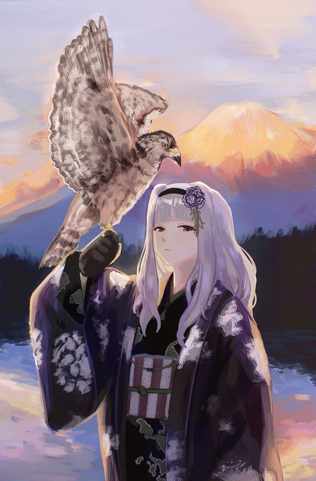 sayuumigi, shijou takane, idolmaster, commentary request, 1girl, alternate costume, bird, black gloves, blunt bangs, flower, gloves, grey hair, hair flower, hair ornament, hanten (clothes), looking at viewer, mount fuji, outdoors, solo