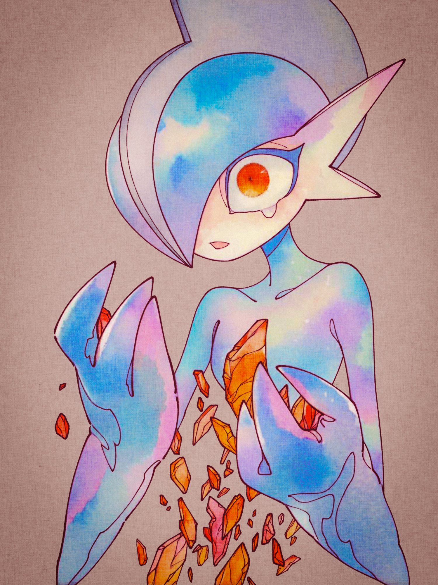 umi-be-to, gallade, nintendo, pokemon, commentary, highres, 1other, alternate color, arm blade, blue hair, blue skin, broken horn, brown background, colored skin, crying, crying with eyes open, facing to the side, gen 4 pokemon, glass shard, glass shards, hands up, holding glass shard, horns, injury, looking ahead, mohawk, multicolored skin, open mouth, pastel colors, pokemon (creature), pokemon focus, red eyes, shards, shiny pokemon, teardrop, tearing up, tears, two-tone skin, upper body, weapon, white skin