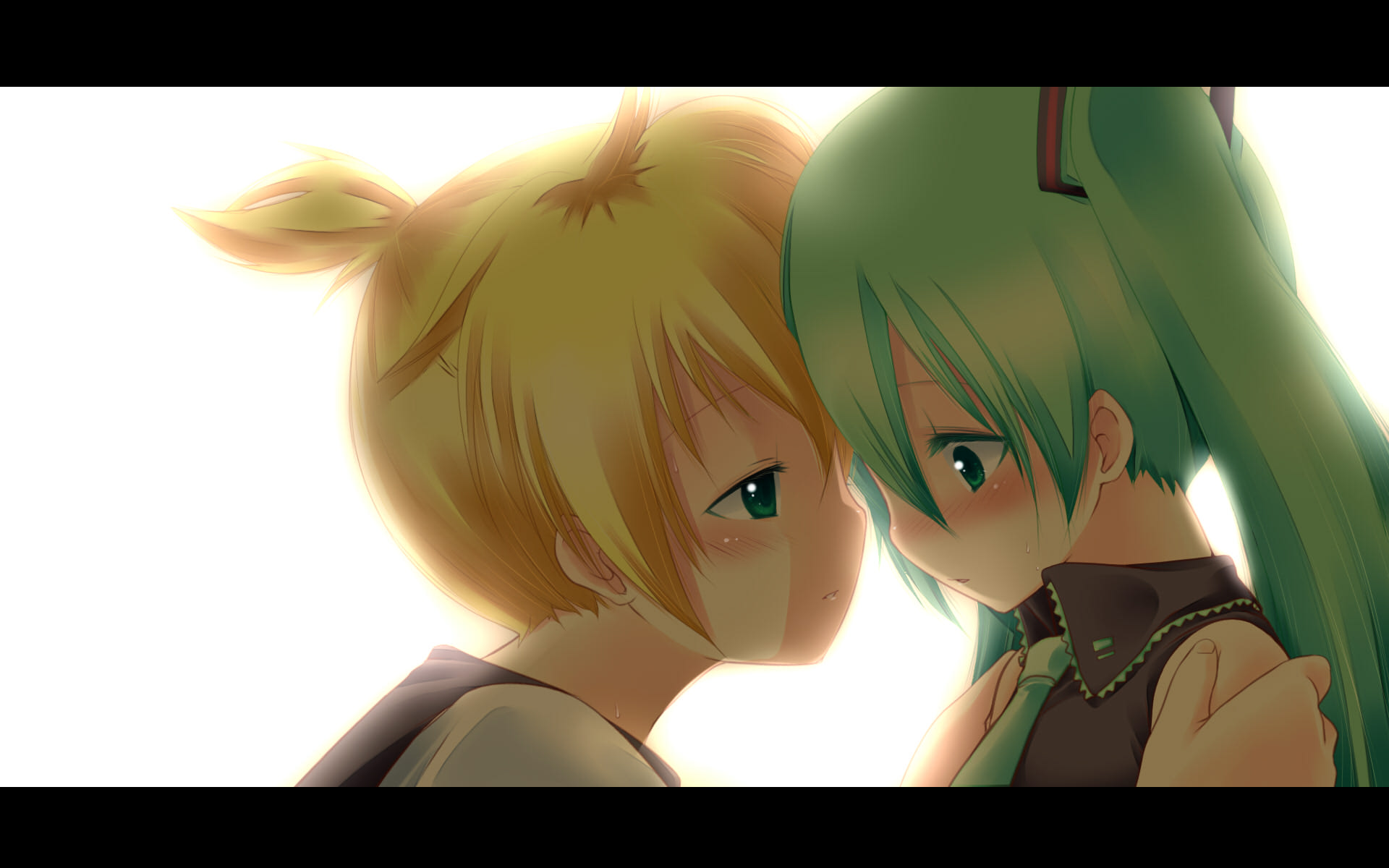 fujisaki hikari, hatsune miku, kagamine len, vocaloid, hands on shoulders, highres, 1boy, 1girl, blonde hair, blush, face-to-face, green eyes, green hair, imminent kiss, letterboxed