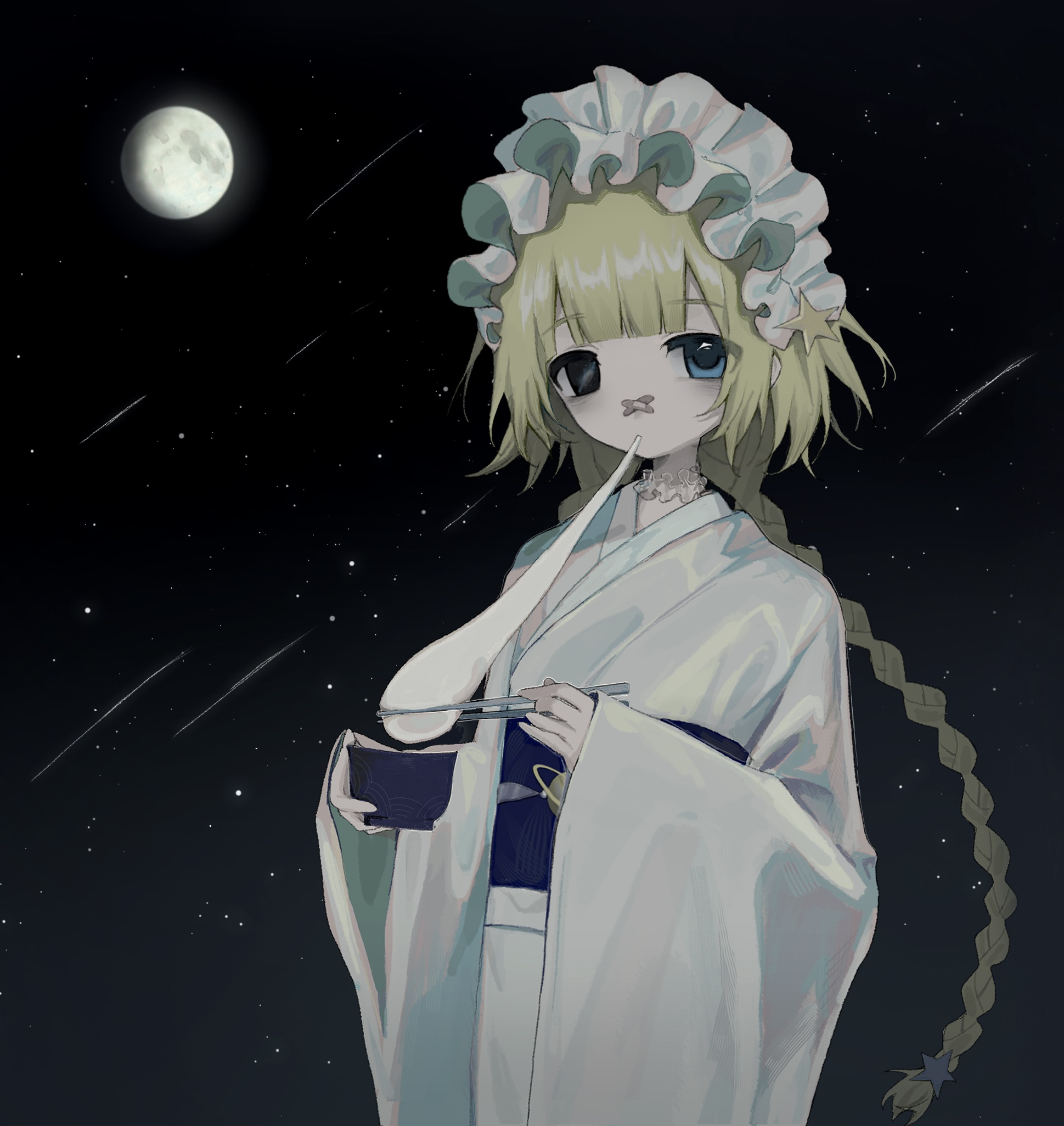 hayu (hayu0305), original, commentary, highres, 1girl, bandaid, bandaid on face, bandaid on nose, black eyes, blonde hair, blue eyes, bowl, braid, chopsticks, crossed bandaids, eating, food, frilled hairband, frills, full moon, hairband, heterochromia, holding, holding bowl, holding chopsticks, japanese clothes, kimono, long hair, looking at viewer, mochi, mochi trail, moon, new year, night, obi, outdoors, sash, solo, upper body, white kimono, zouni soup