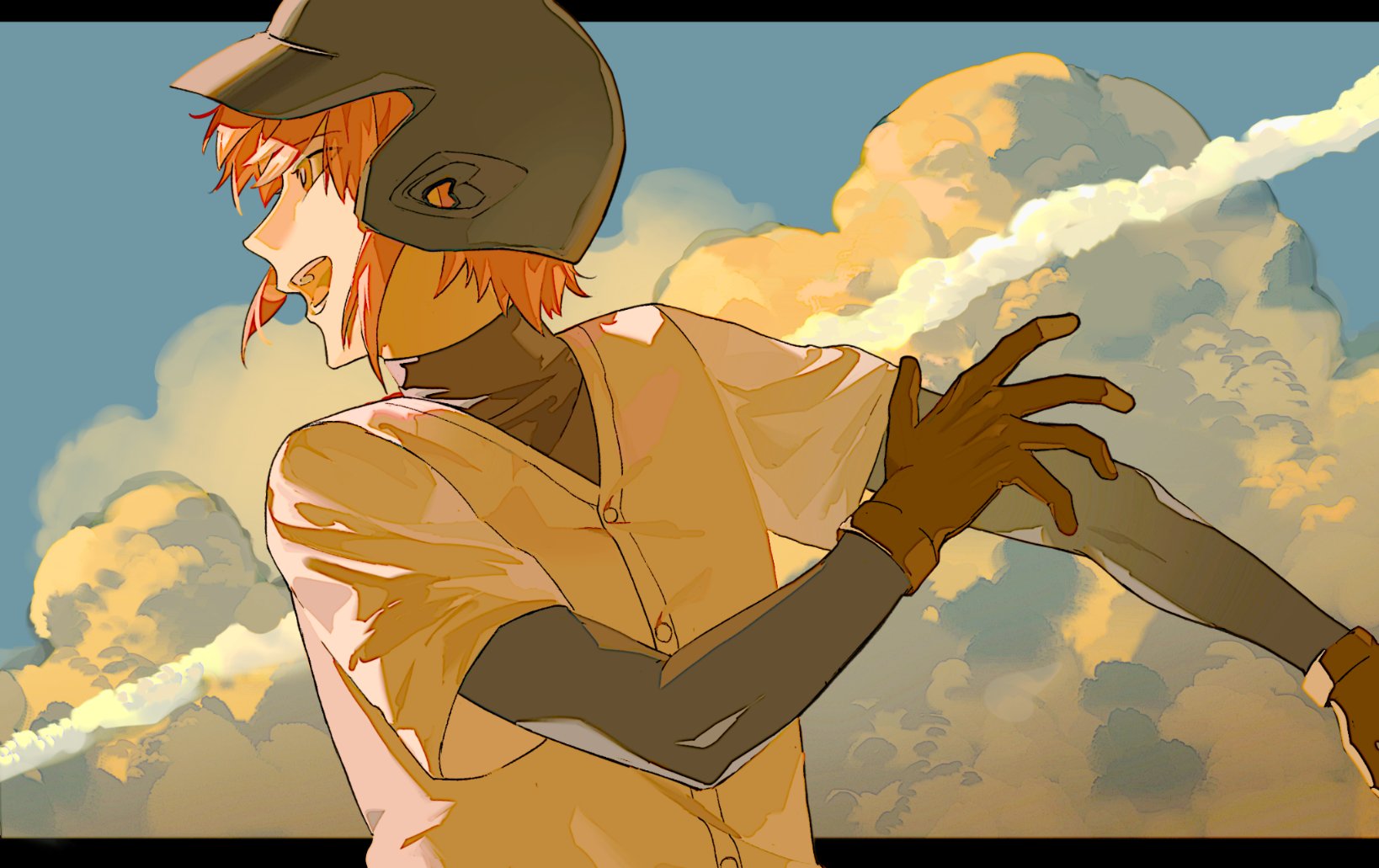 kominato haruichi, ace of diamond, hashtag-only commentary, highres, 1boy, baseball helmet, baseball uniform, bingdongyanli, brown gloves, buttons, cloud, compression shirt, gloves, helmet, male focus, open mouth, pink hair, short hair, solo, sportswear