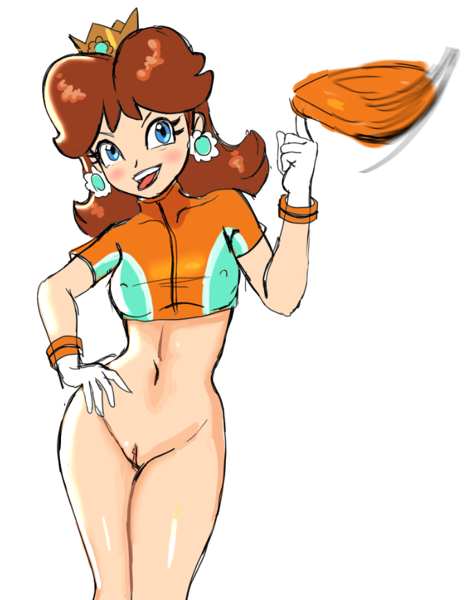 sunbeam (artist), princess daisy, mario (series), nintendo, 1girl, blue eyes, bottomless, brown hair, crown, earrings, flower earrings, gloves, hand on own hip, jewelry, looking at viewer, medium hair, midriff, navel, official alternate costume, pussy, simple background, solo, tongue, tongue out