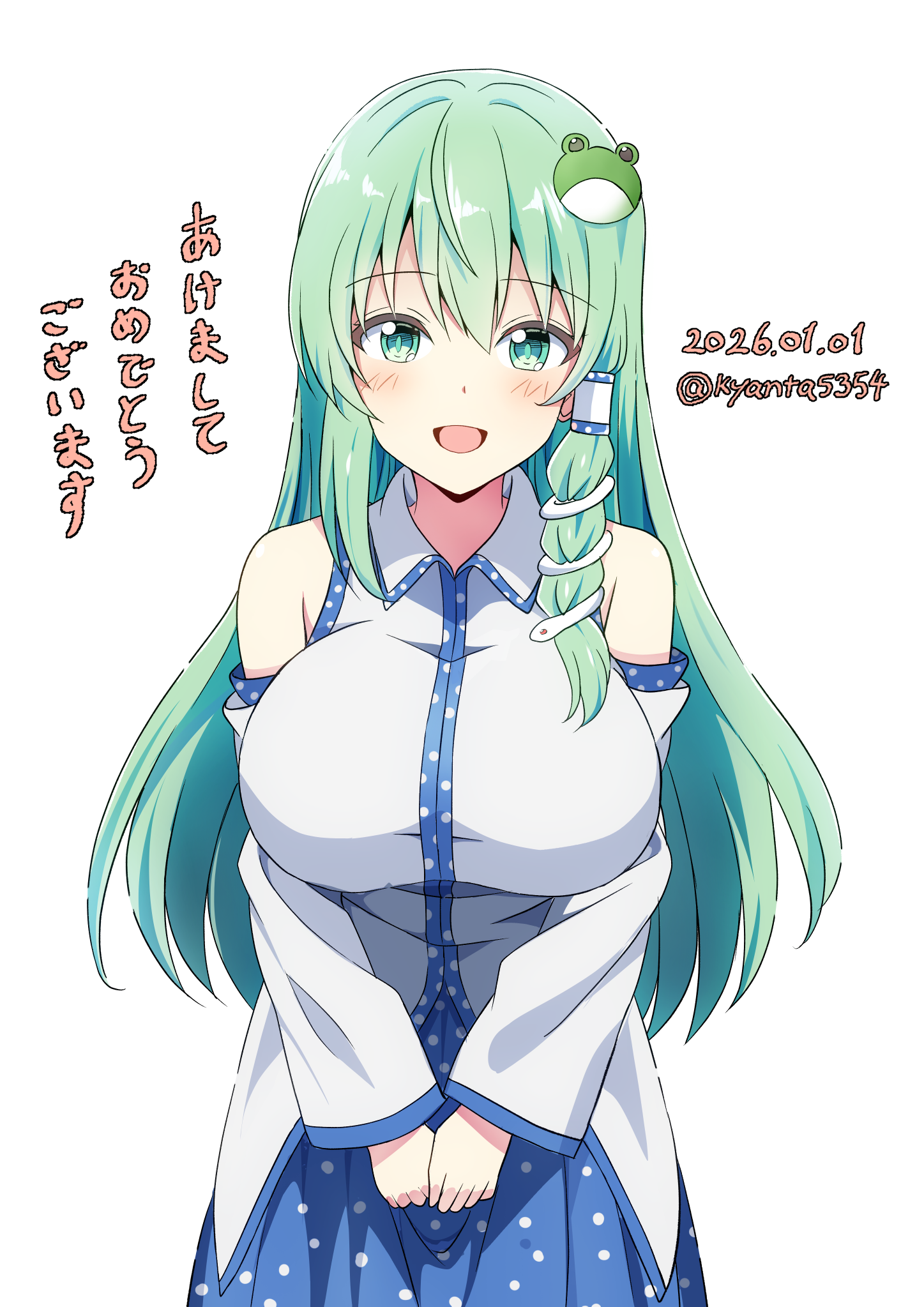 kyanta5354, kochiya sanae, touhou, commentary request, highres, translation request, 1girl, blue skirt, blush, breasts, cowboy shot, dated, detached sleeves, frog hair ornament, green hair, hair ornament, hair tubes, happy new year, large breasts, long hair, looking at viewer, new year, open mouth, simple background, single hair tube, skirt, smile, snake hair ornament, solo, twitter username, very long hair, white background