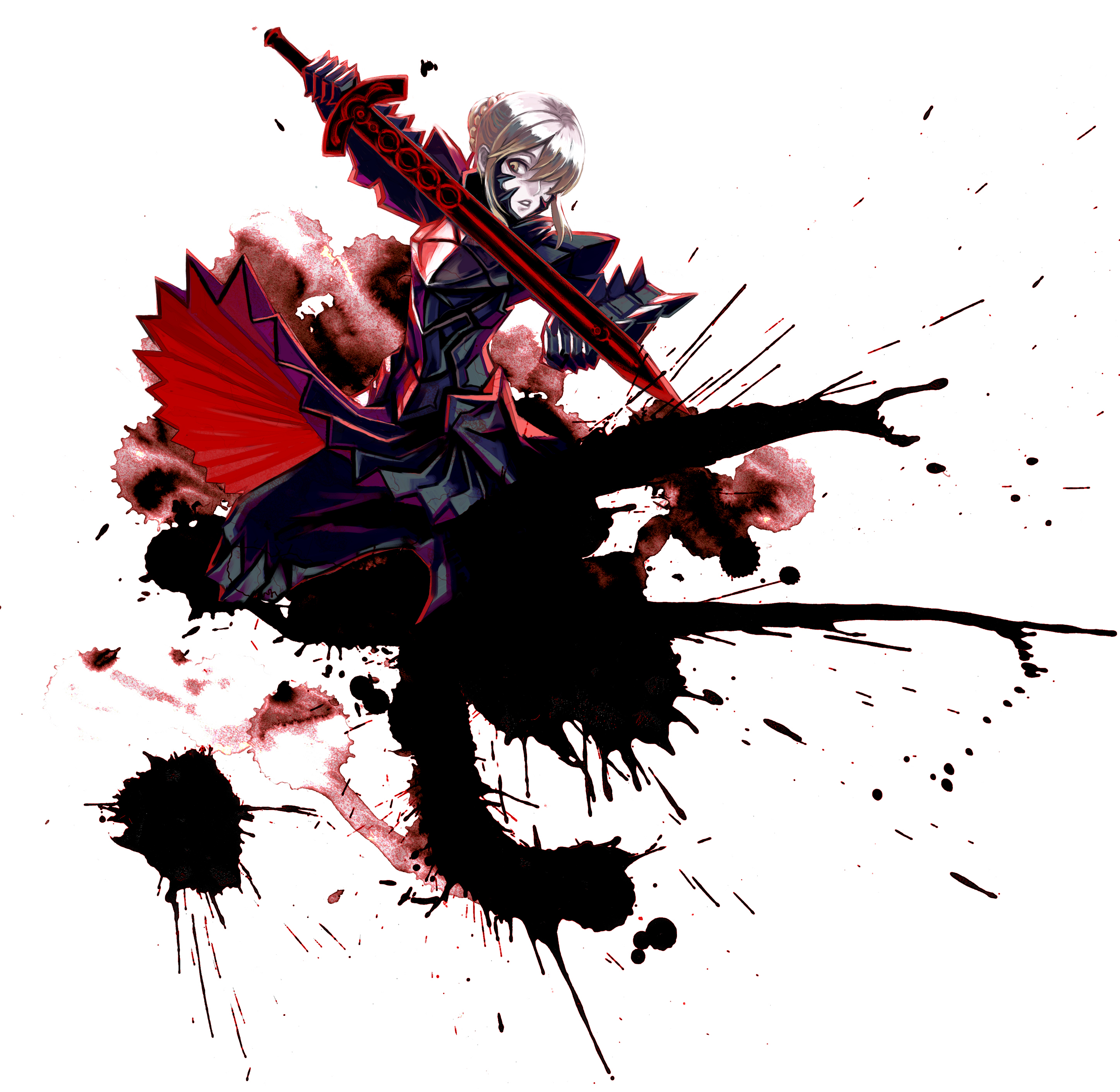 utu (ldnsft), artoria pendragon (fate), saber (fate), saber alter, saber alter (second ascension), fate/stay night, fate (series), type-moon, absurdres, highres, 00s, 1girl, armor, armored dress, blonde hair, braid, dress, excalibur morgan (fate), female focus, gauntlets, hair bun, paint splatter, single hair bun, solo, sword, weapon, yellow eyes