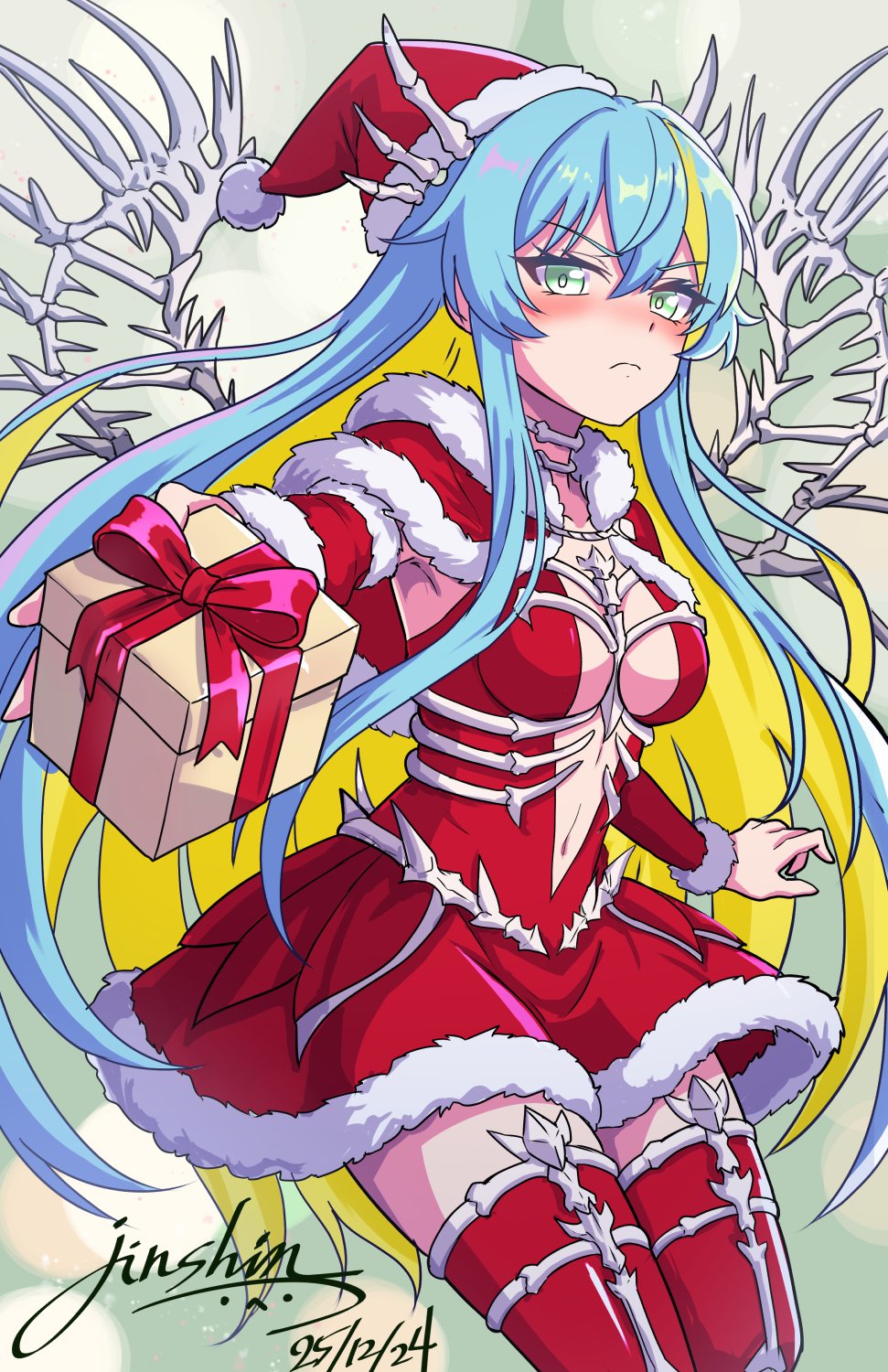 jinshin, ragnarok online, commentary request, highres, 1girl, alternate costume, blonde hair, blue hair, blush, bow, breasts, christmas, closed mouth, colored inner hair, cowboy shot, dress, embarrassed, frown, fur-trimmed headwear, fur trim, green background, green eyes, hat, incoming gift, long hair, looking at viewer, medium breasts, multicolored hair, navel, nose blush, pom pom (clothes), red bow, red dress, red hat, red thighhighs, santa costume, santa hat, simulation juncea, skeletal wings, solo, thighhighs, wings