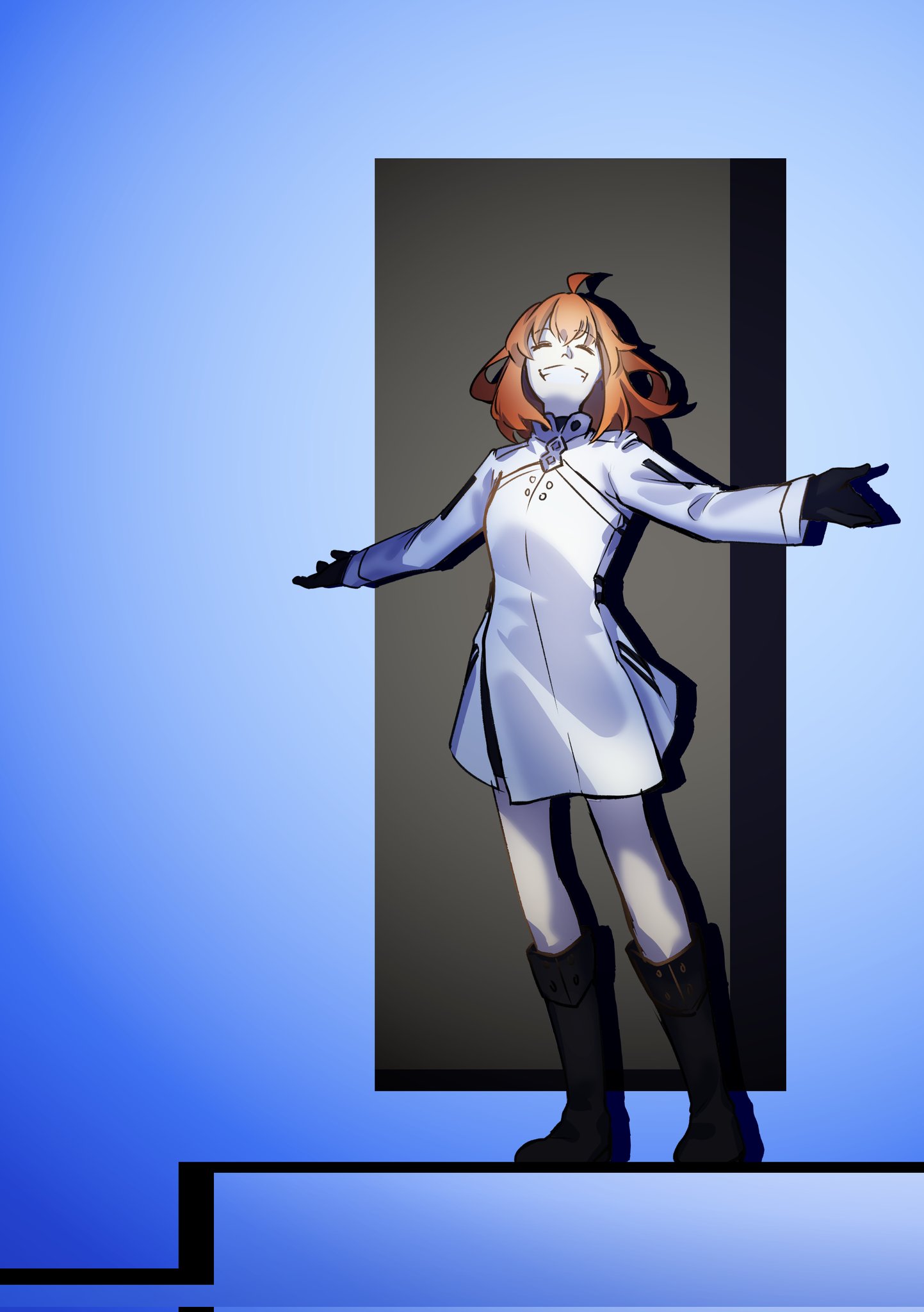 fujimaru ritsuka (female), fujimaru ritsuka (female) (decisive battle chaldea uniform), fate/grand order, fate (series), the truman show, commentary, english commentary, highres, 1girl, ahoge, black gloves, boots, chaldea logo, closed eyes, door, facing viewer, full body, gloves, grin, knee boots, long sleeves, medium hair, orange hair, outstretched arms, seyyu tsk14, shadow, smile, solo, spread arms, standing