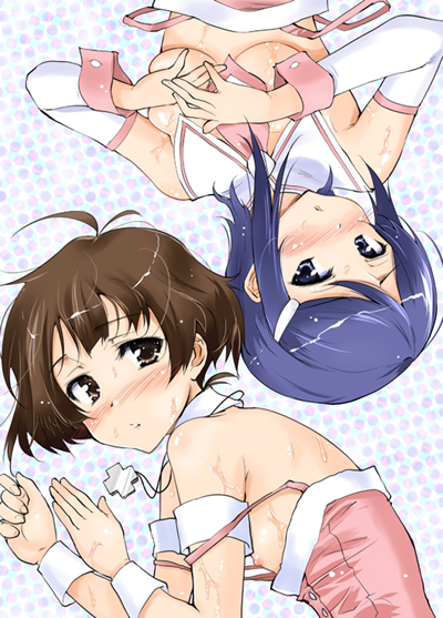 shibusawa hayato, akizuki ryo, mizutani eri, idolmaster, idolmaster dearly stars, 00s, bare shoulders, blue hair, blush, crossdressing, cute & girly (idolmaster), short hair, trap