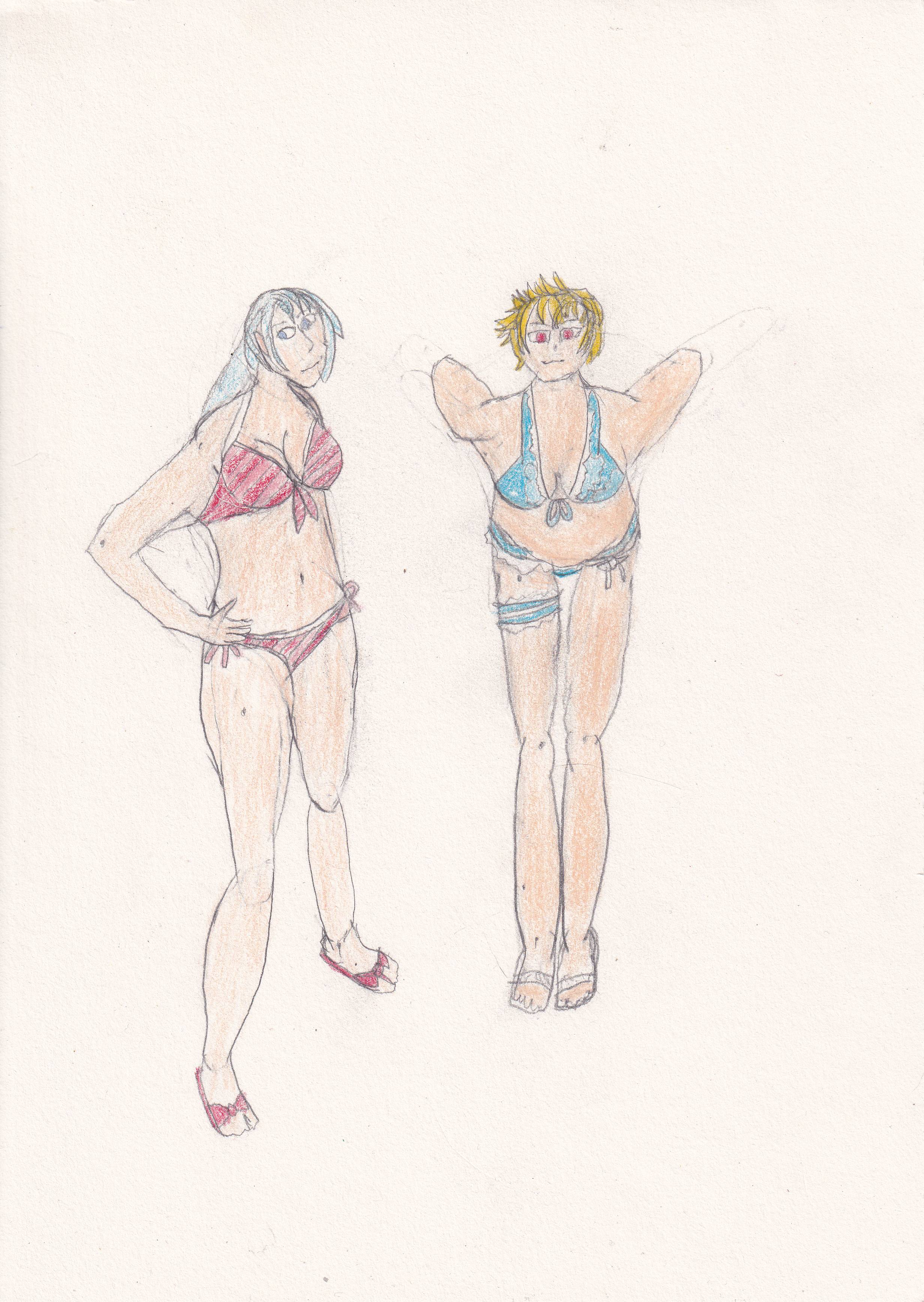 ash carbide, juna crawford, kurt vander, musse egret, eiyuu densetsu, sen no kiseki, sen no kiseki (series), sen no kiseki iii, absurdres, highres, self-upload, 2girls, alkonium, bikini, blue bikini, cosplay, diagonal-striped bikini, diagonal-striped clothes, frilled bikini, frills, genderswap, genderswap (mtf), juna crawford (cosplay), multiple girls, musse egret (cosplay), red bikini, red sandals, sandals, striped clothes, swimsuit, white sandals